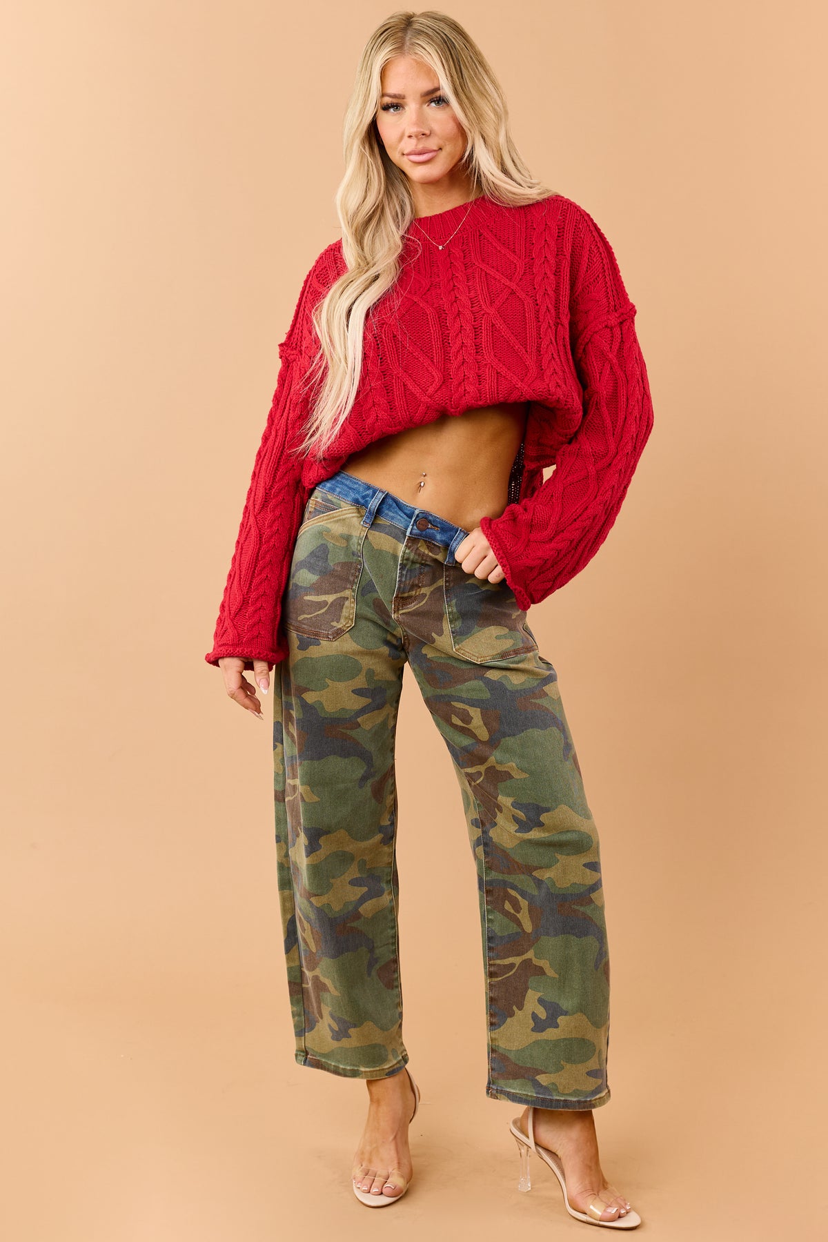Risen Olive Camo Contrast Waist Slouchy Barrel Jeans