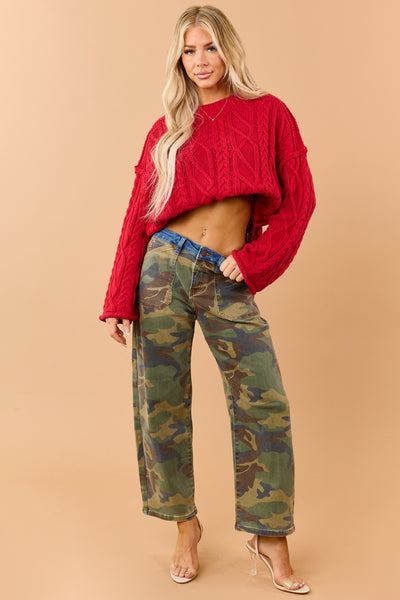 Risen Olive Camo Contrast Waist Slouchy Barrel Jeans