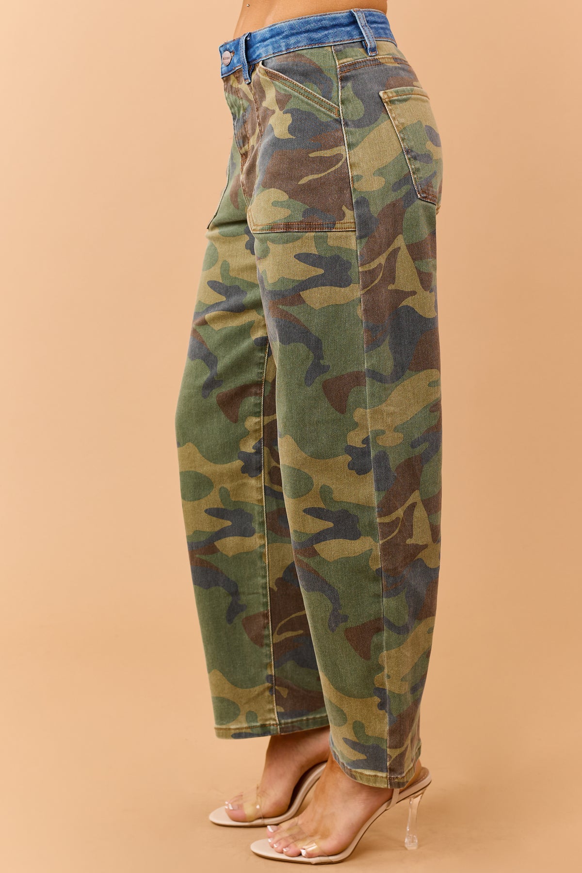 Risen Olive Camo Contrast Waist Slouchy Barrel Jeans