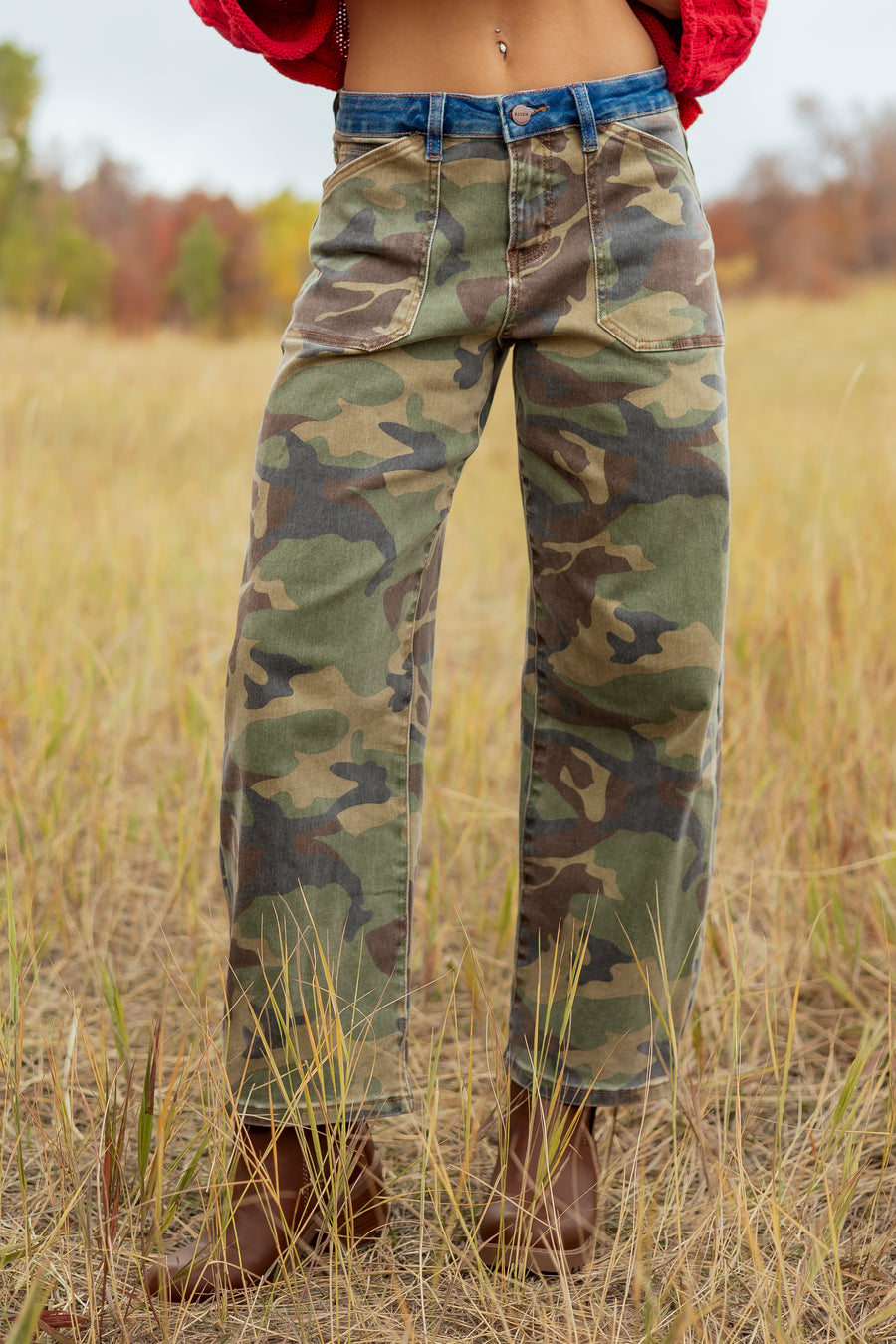 Risen Olive Camo Contrast Waist Slouchy Barrel Jeans