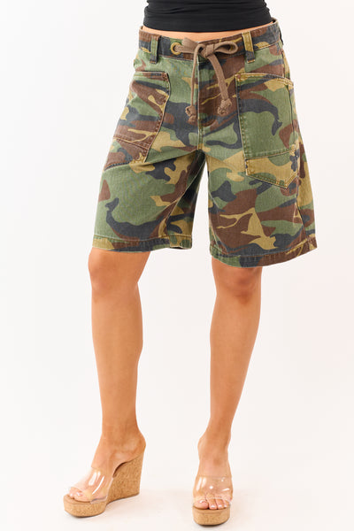 Risen Olive Camo Print Slouchy Denim Shorts