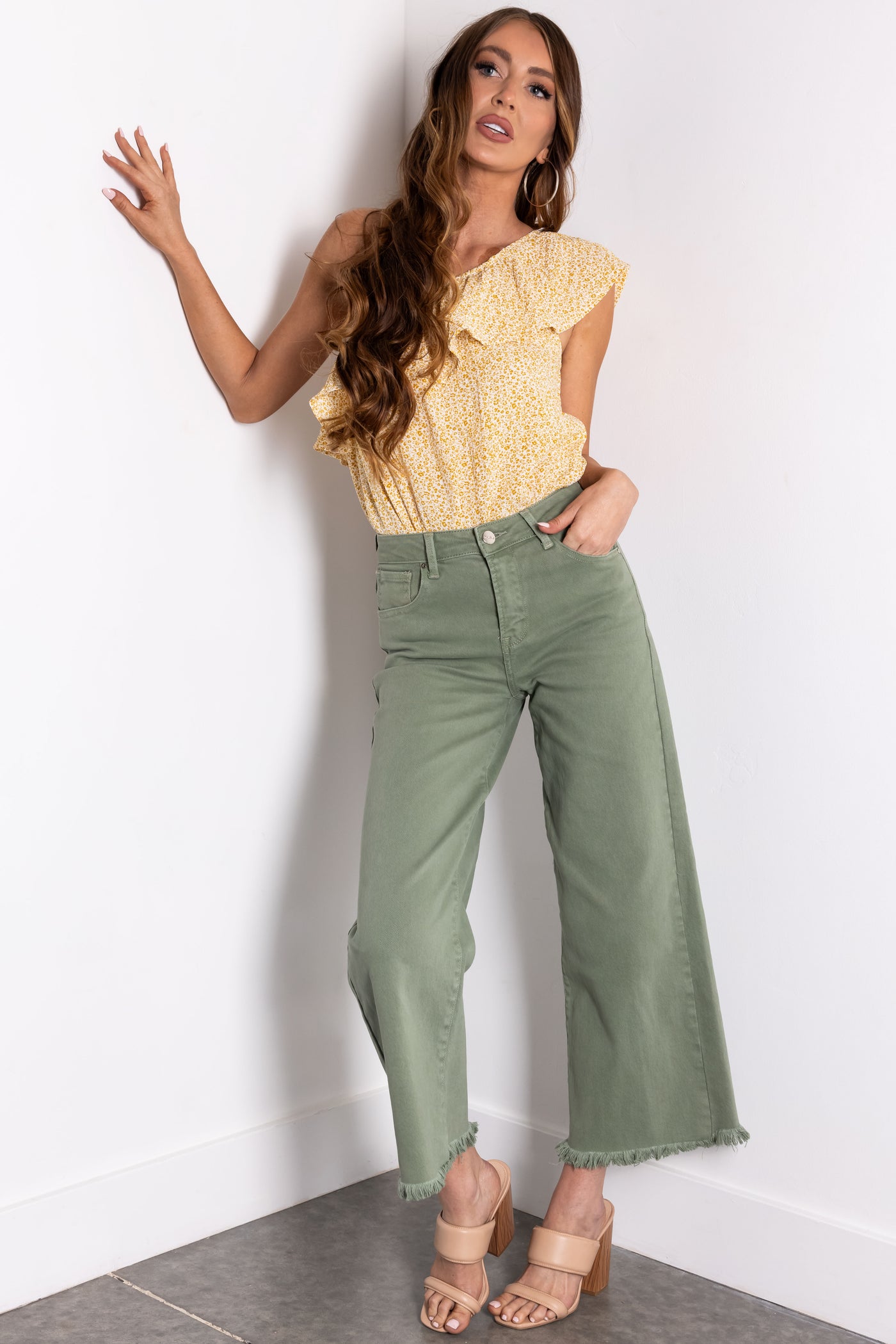 Risen Olive Tummy Control Cropped Wide Jeans
