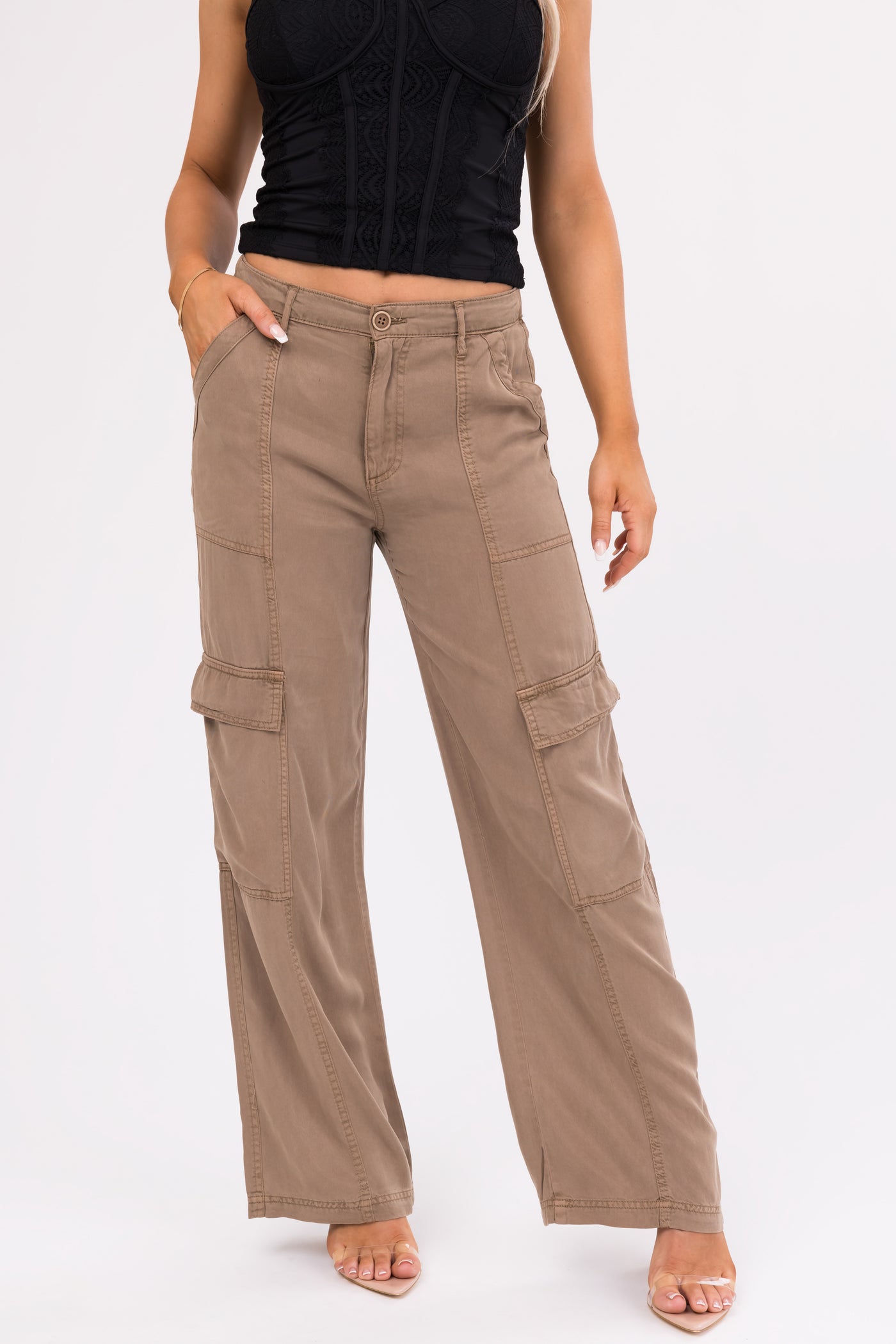 Risen Peanut Wide Leg Tencel Cargo Pants