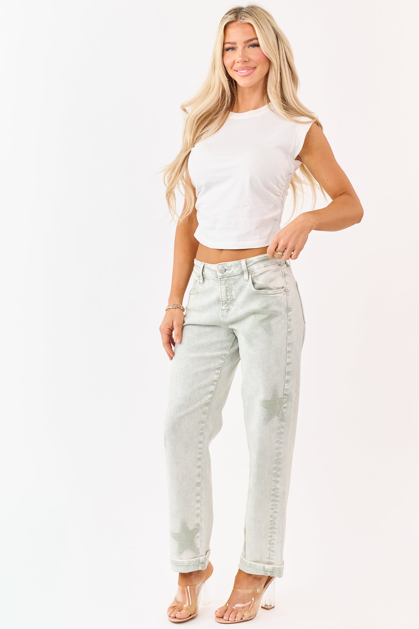 Risen Pistachio Washed Star Stretchy Slim Barrel Jeans