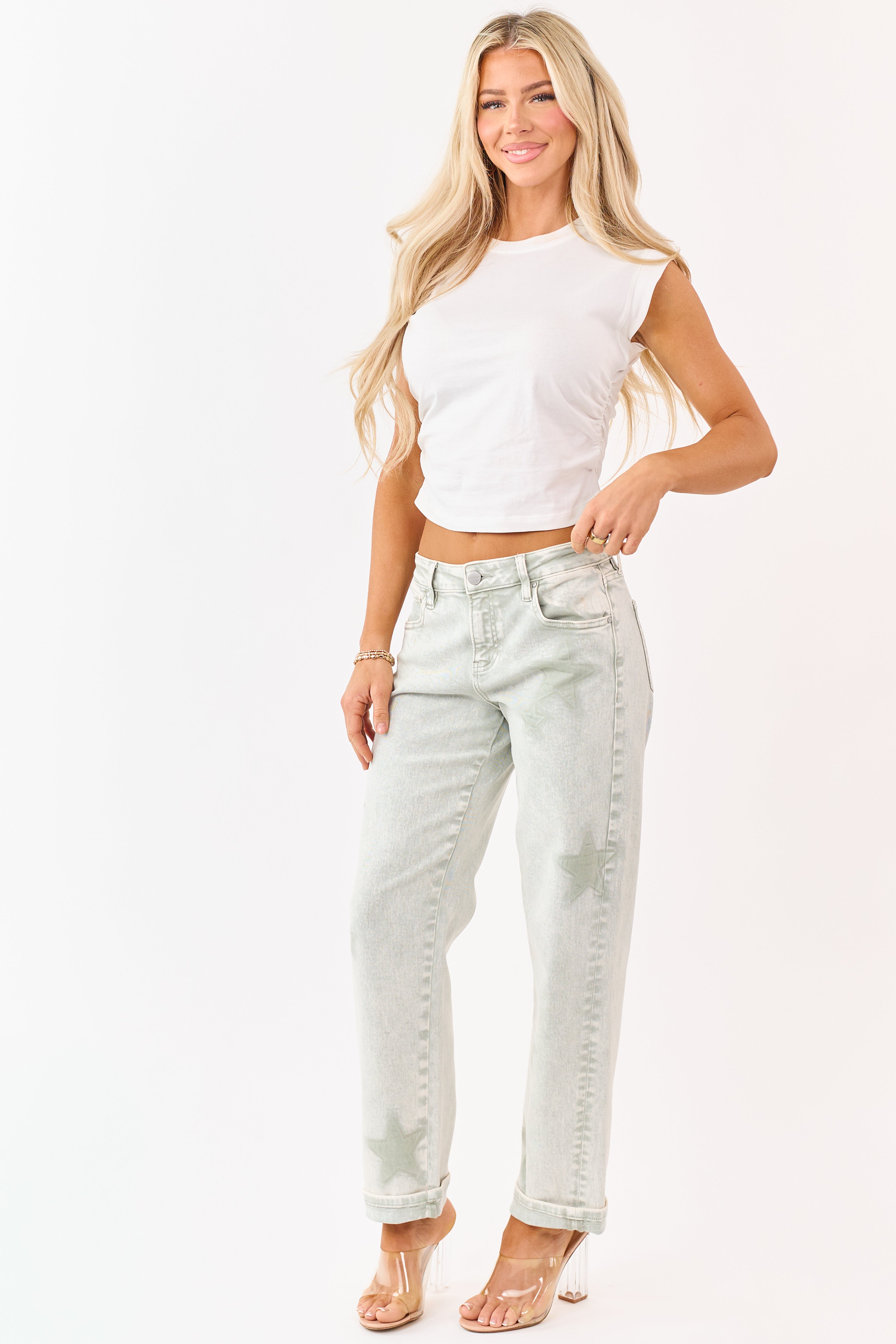 Risen Pistachio Washed Star Stretchy Slim Barrel Jeans