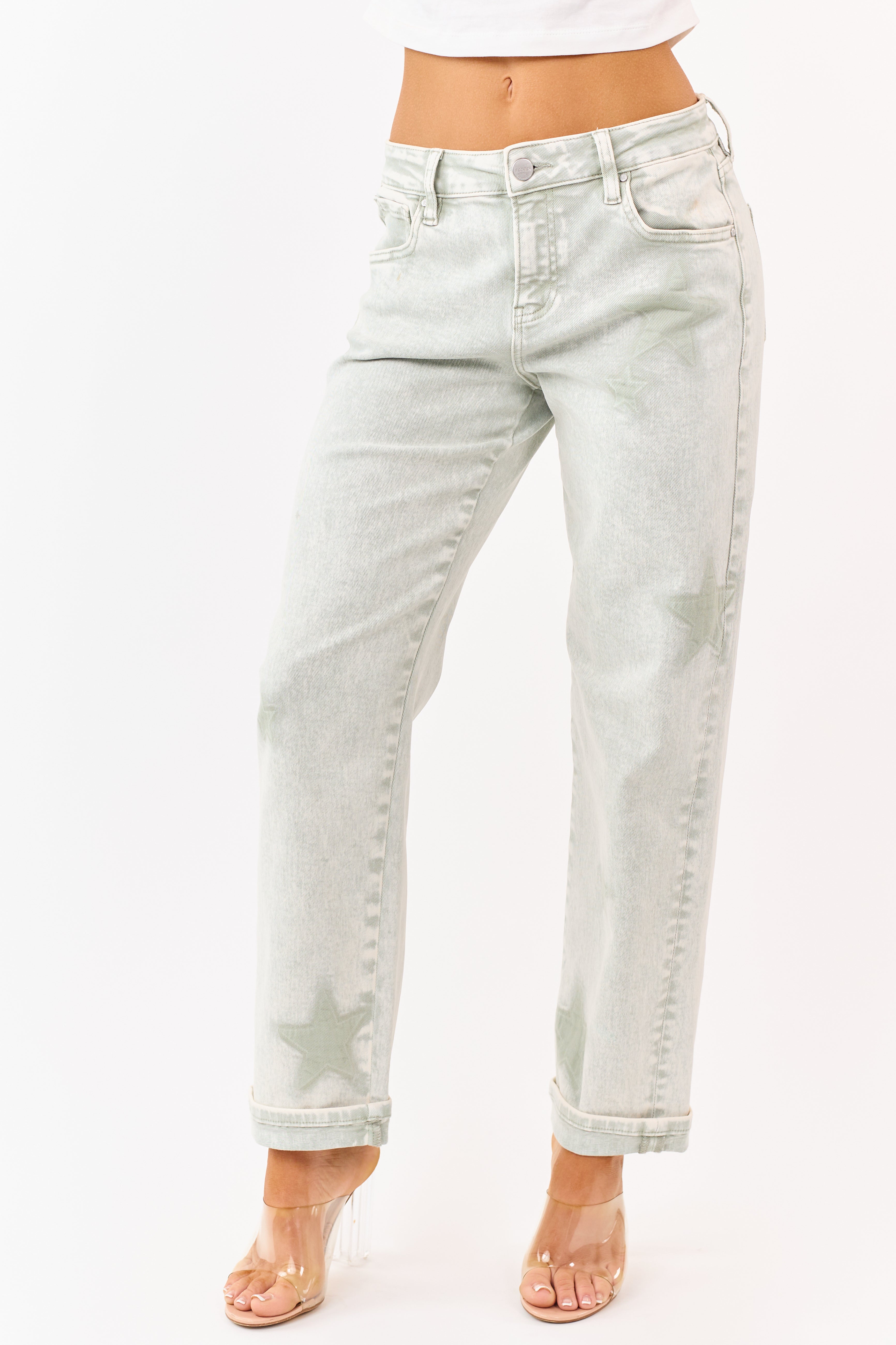Risen Pistachio Washed Star Stretchy Slim Barrel Jeans