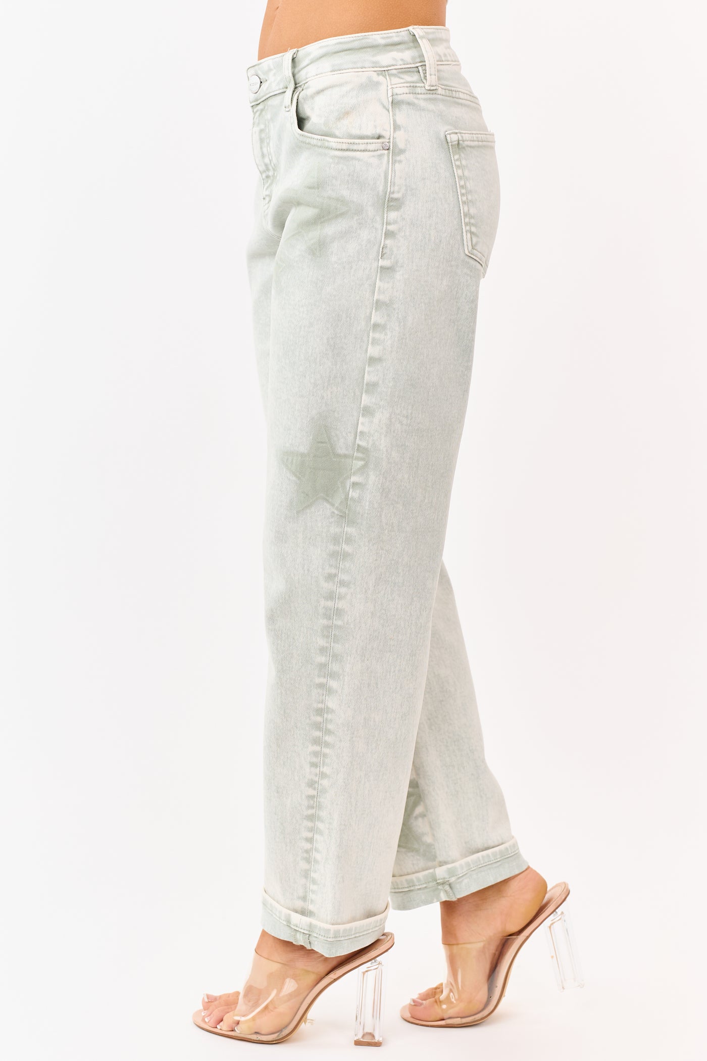 Risen Pistachio Washed Star Stretchy Slim Barrel Jeans