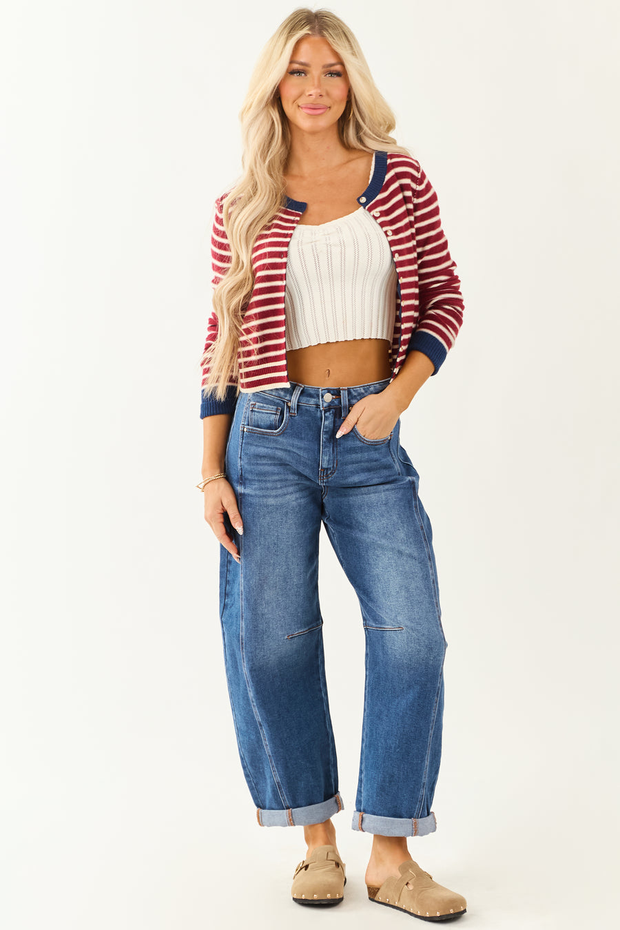 Risen Stretchy Dark Wash Cuffed Barrel Jeans
