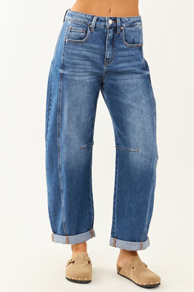 Risen Stretchy Dark Wash Cuffed Barrel Jeans