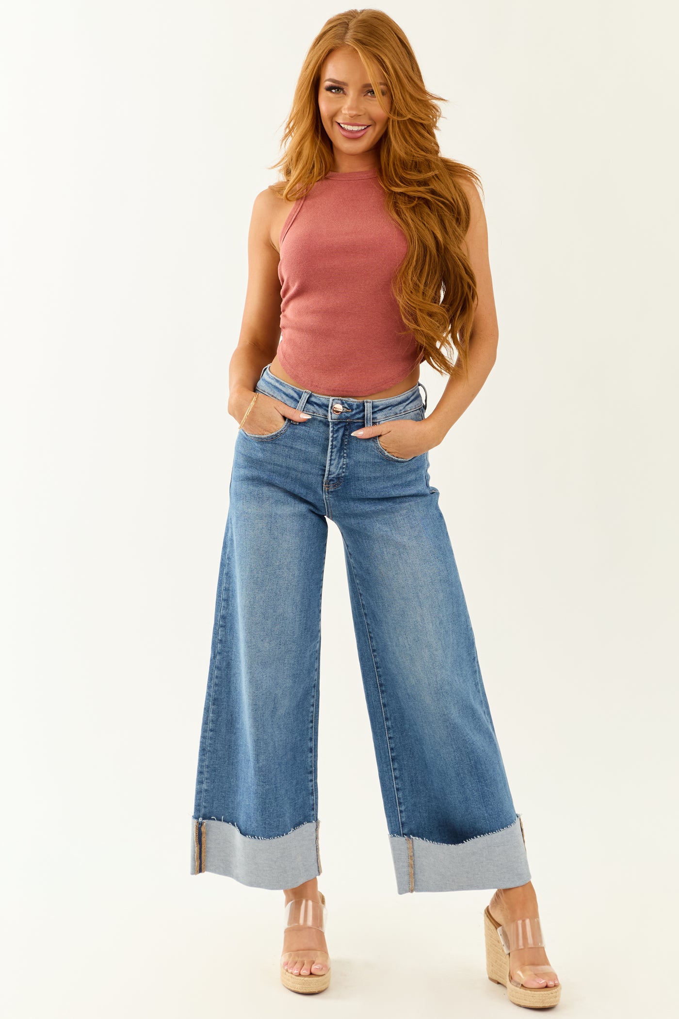 Risen Tummy Control Wide Leg Cuffed Stretchy Jeans