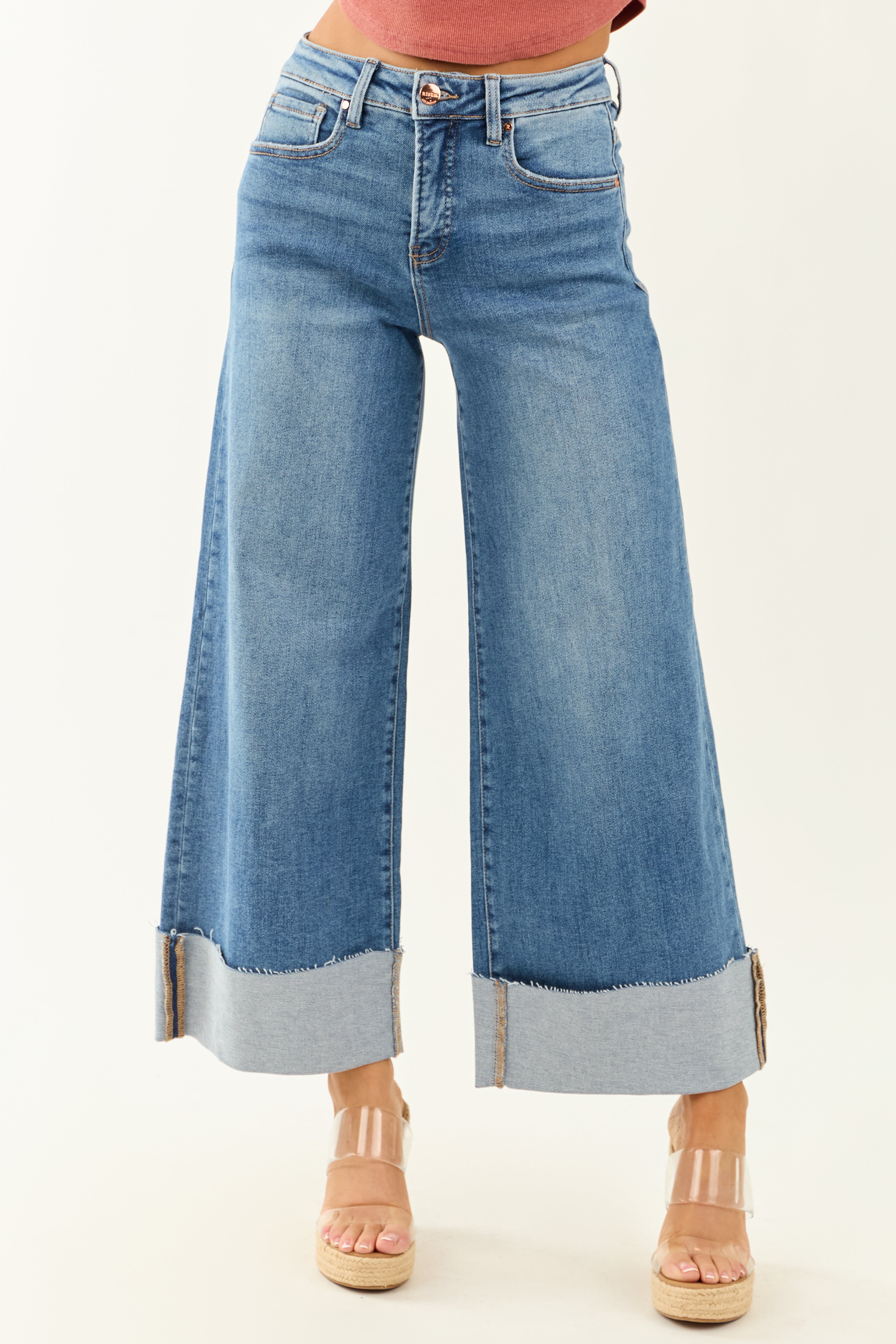 Risen Tummy Control Wide Leg Cuffed Stretchy Jeans