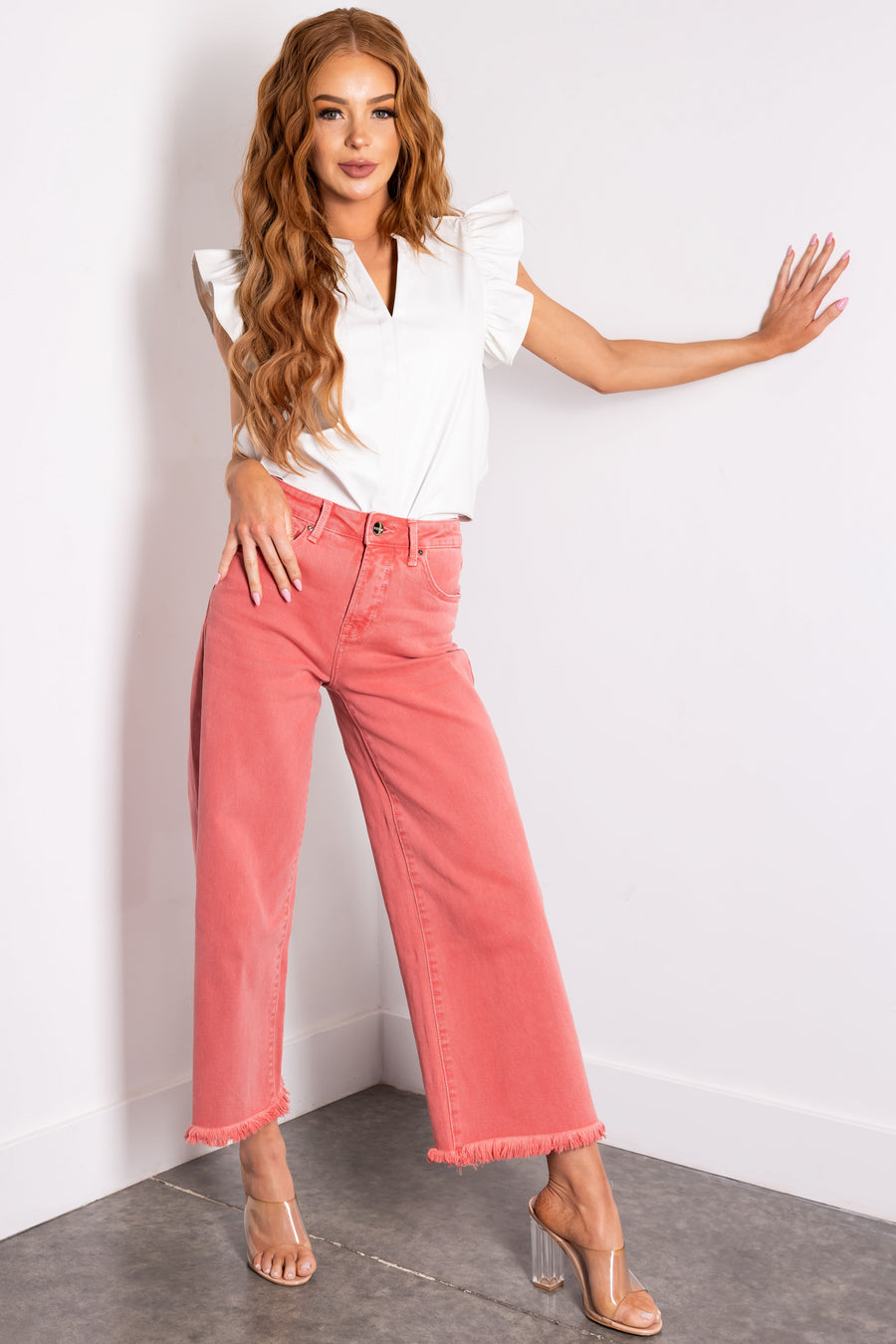 Risen Watermelon Tummy Control Cropped Wide Jeans