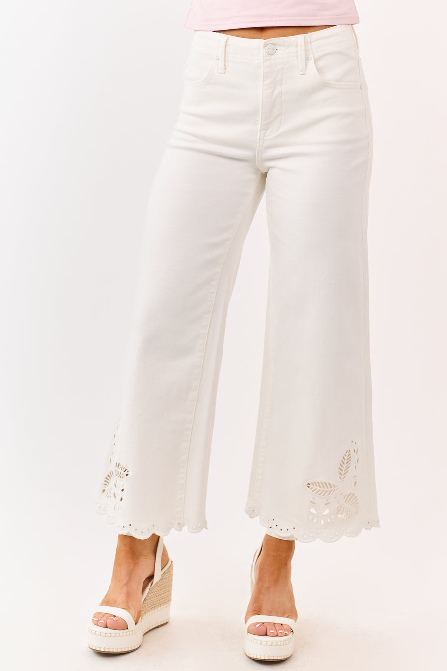 Risen White Tummy Control Embroidered Wide Leg Jeans