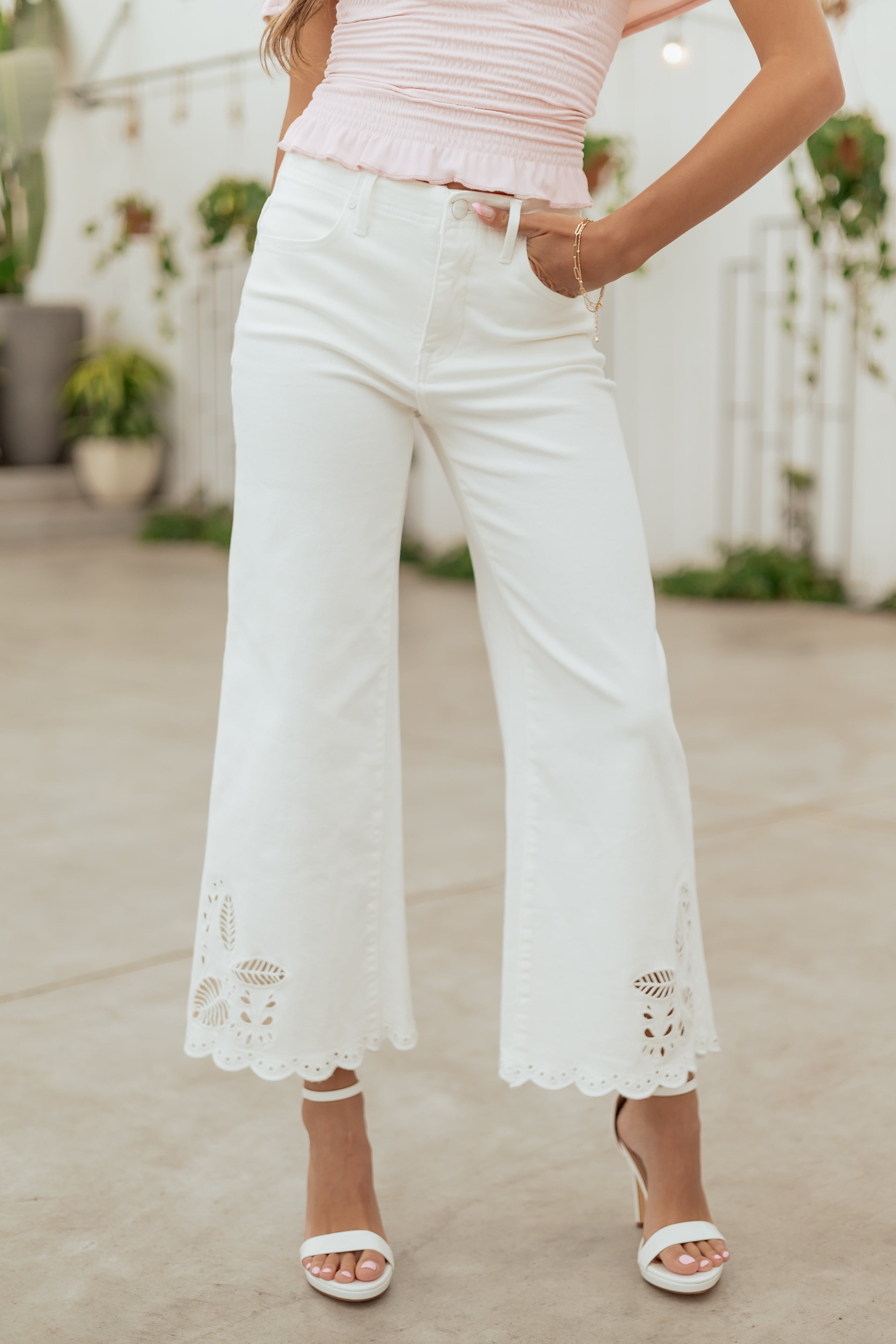 Risen White Tummy Control Embroidered Wide Leg Jeans | Lime Lush