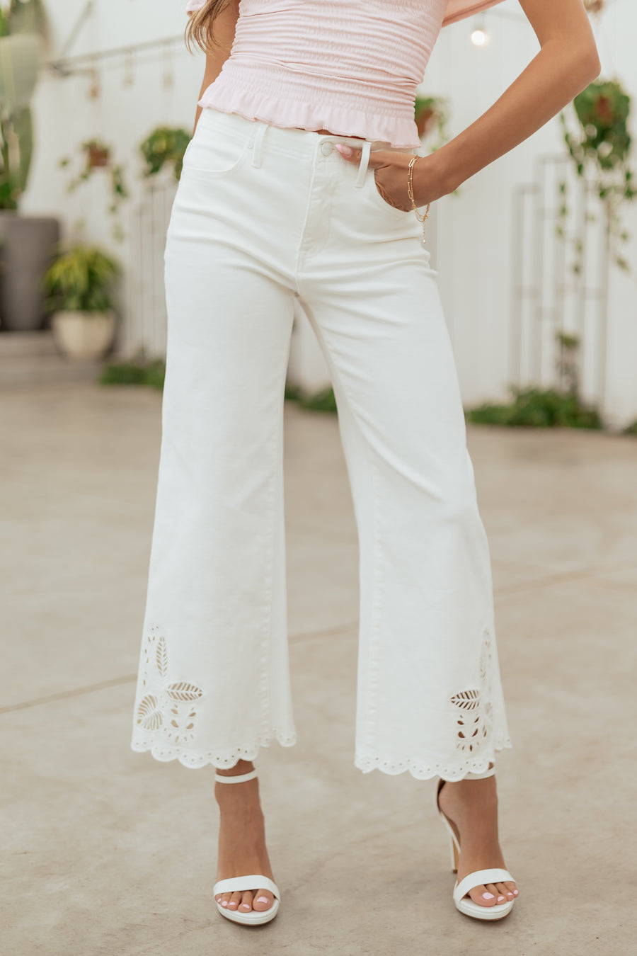 Risen White Tummy Control Embroidered Wide Leg Jeans