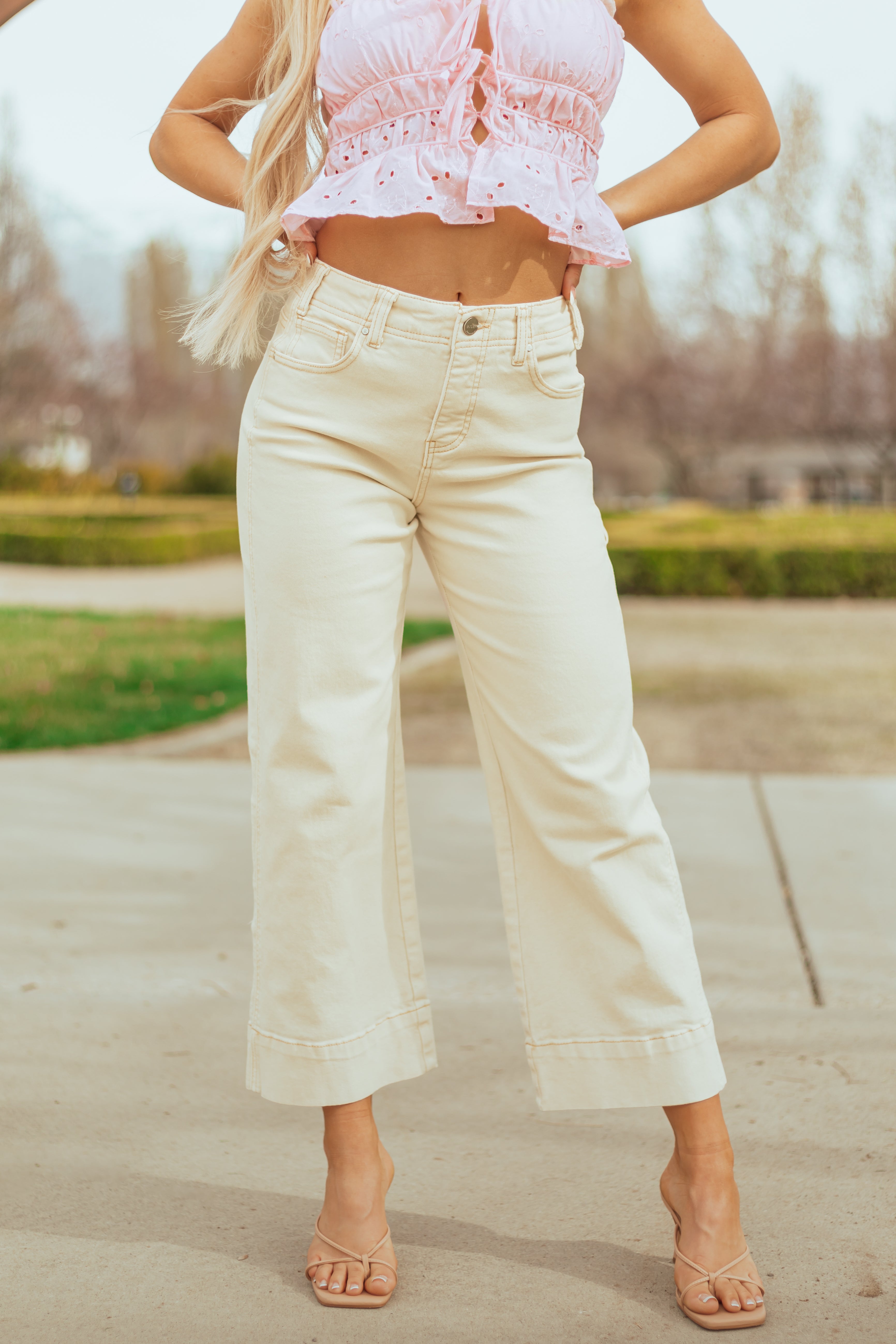 Risen Cream Tummy Control Stretchy Wide Leg Jeans