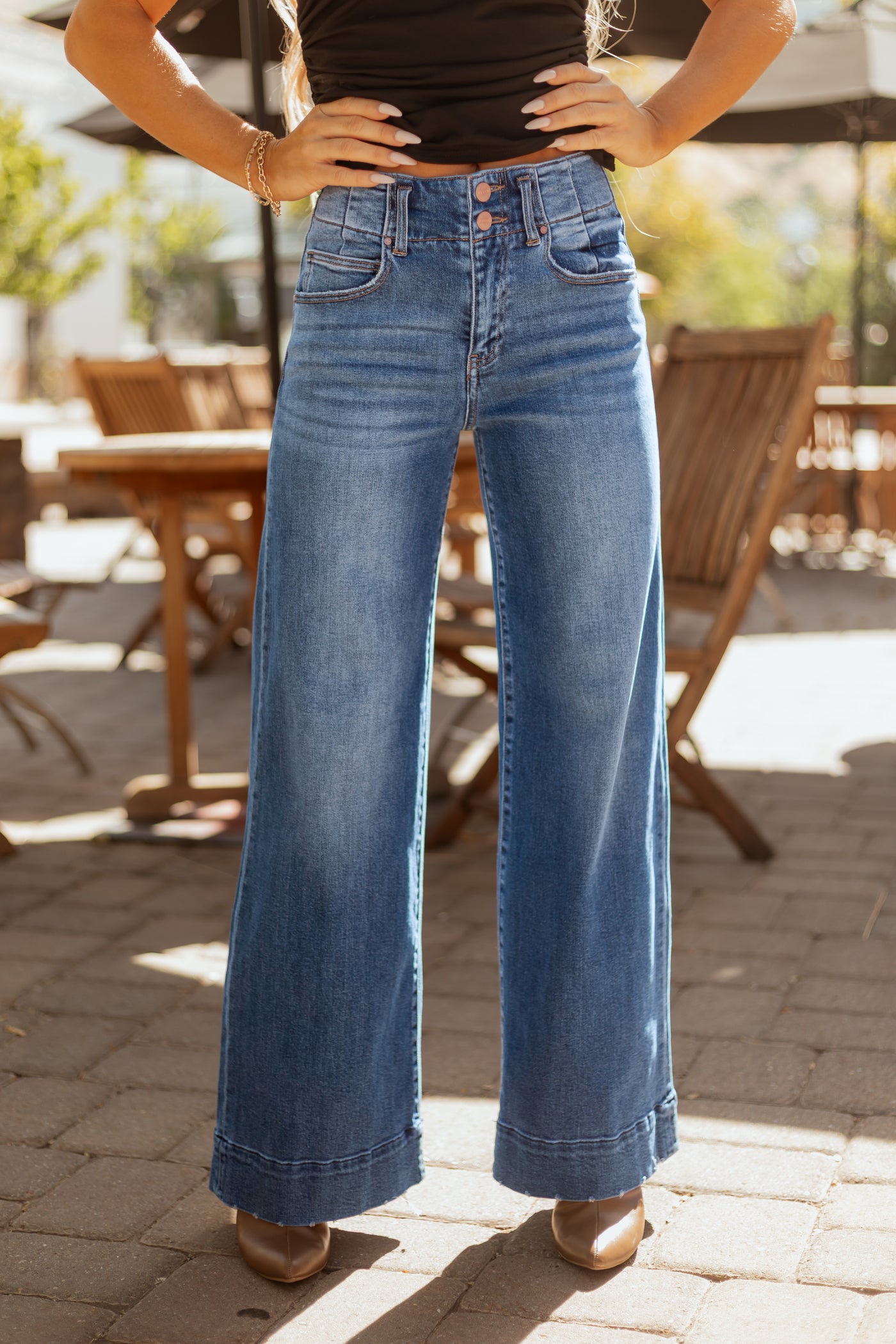 Risen Dark Wash Waist Seam Wide Leg Stretchy Jeans