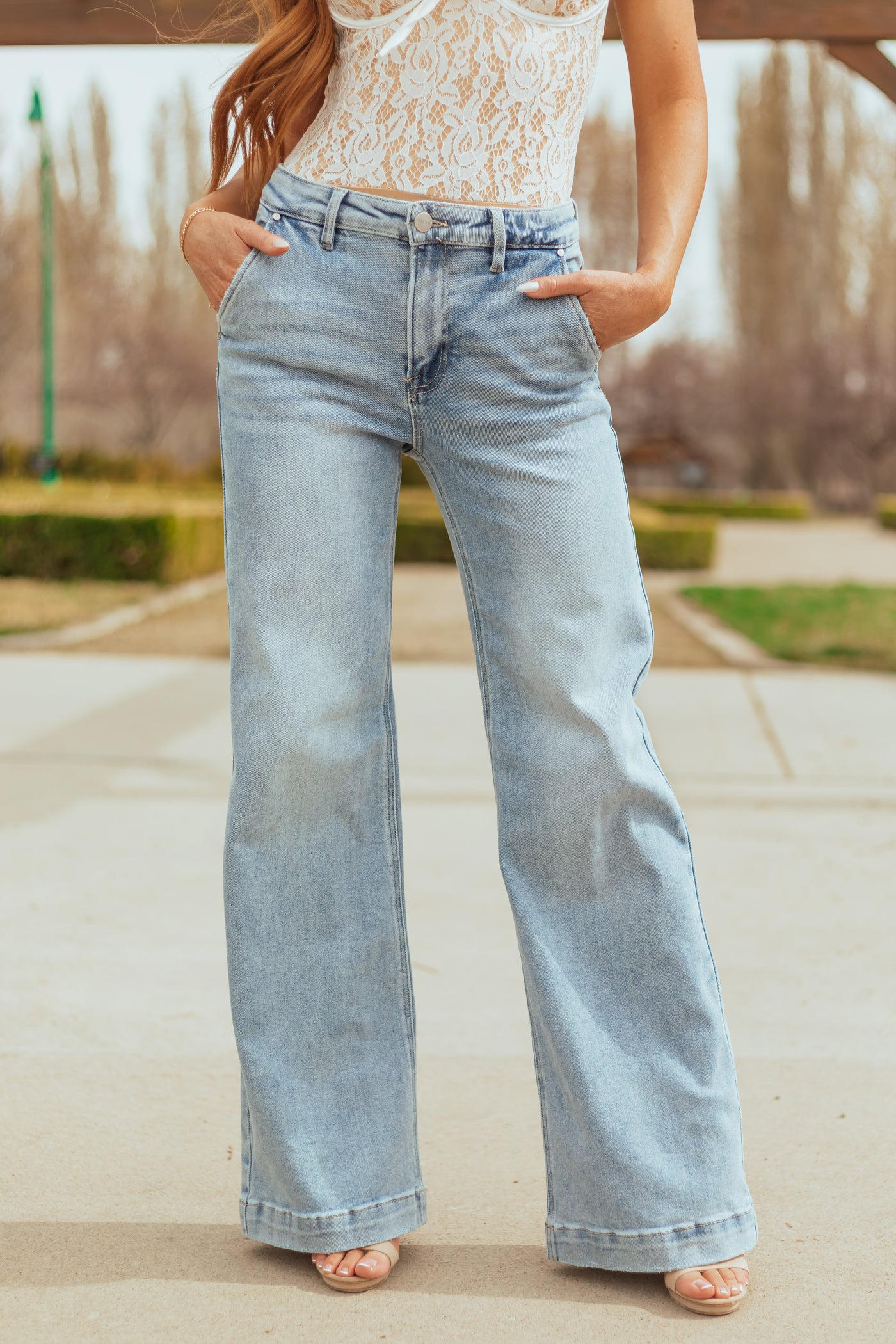 Risen Light Wash Stretchy Wide Leg Jeans