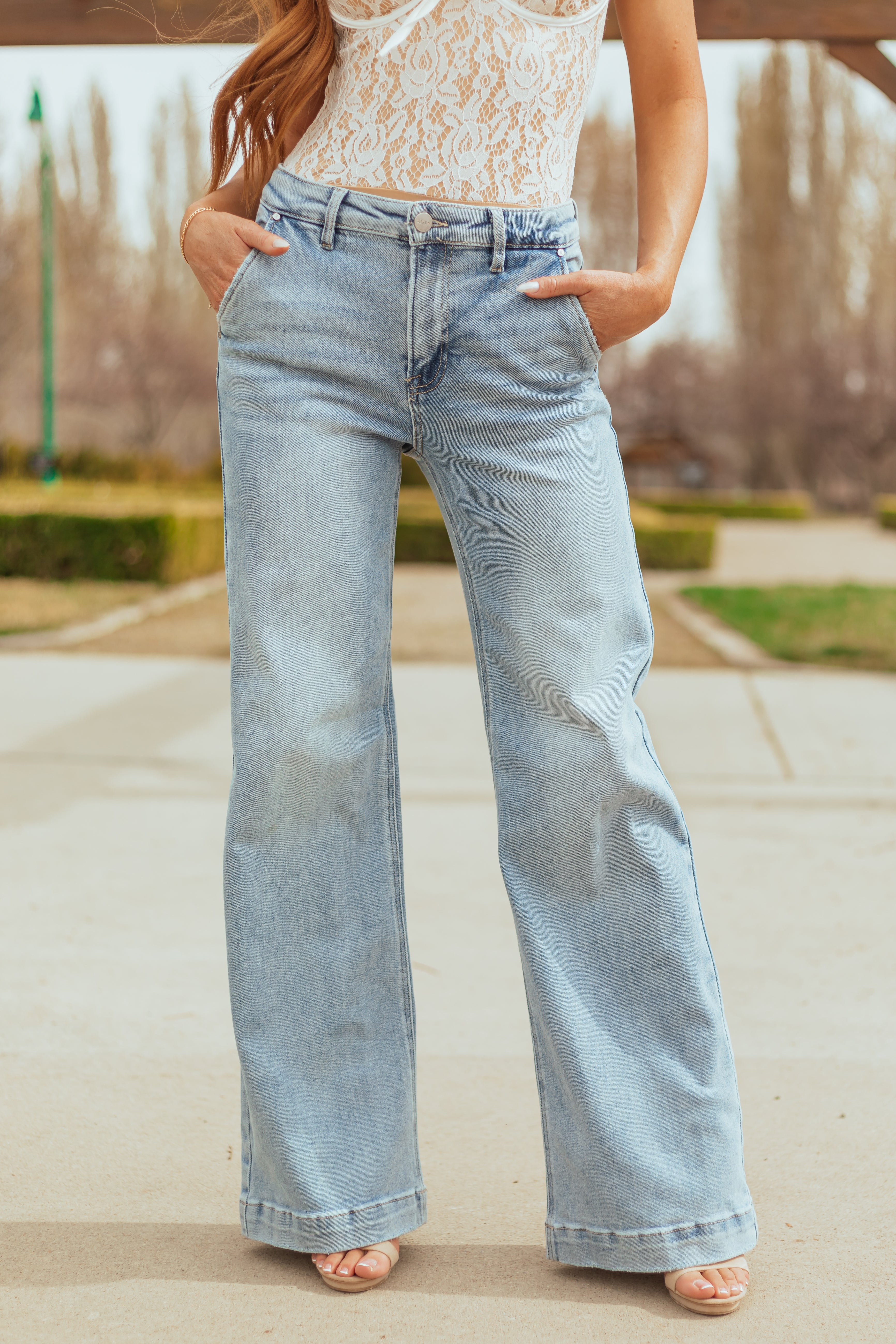 Risen Light Wash Stretchy Wide Leg Jeans
