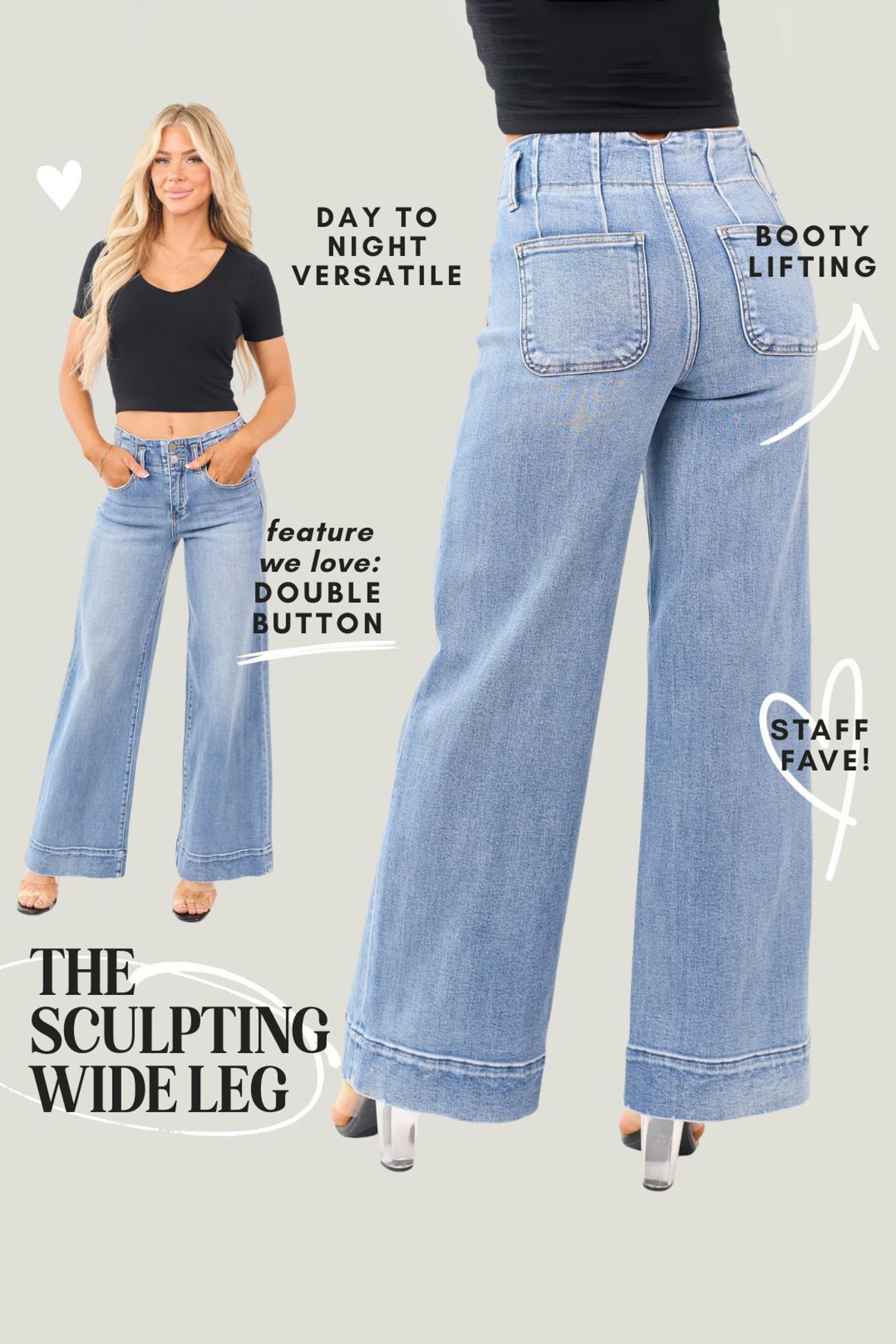 Risen Medium Wash Waist Seam Wide Leg Stretchy Jeans