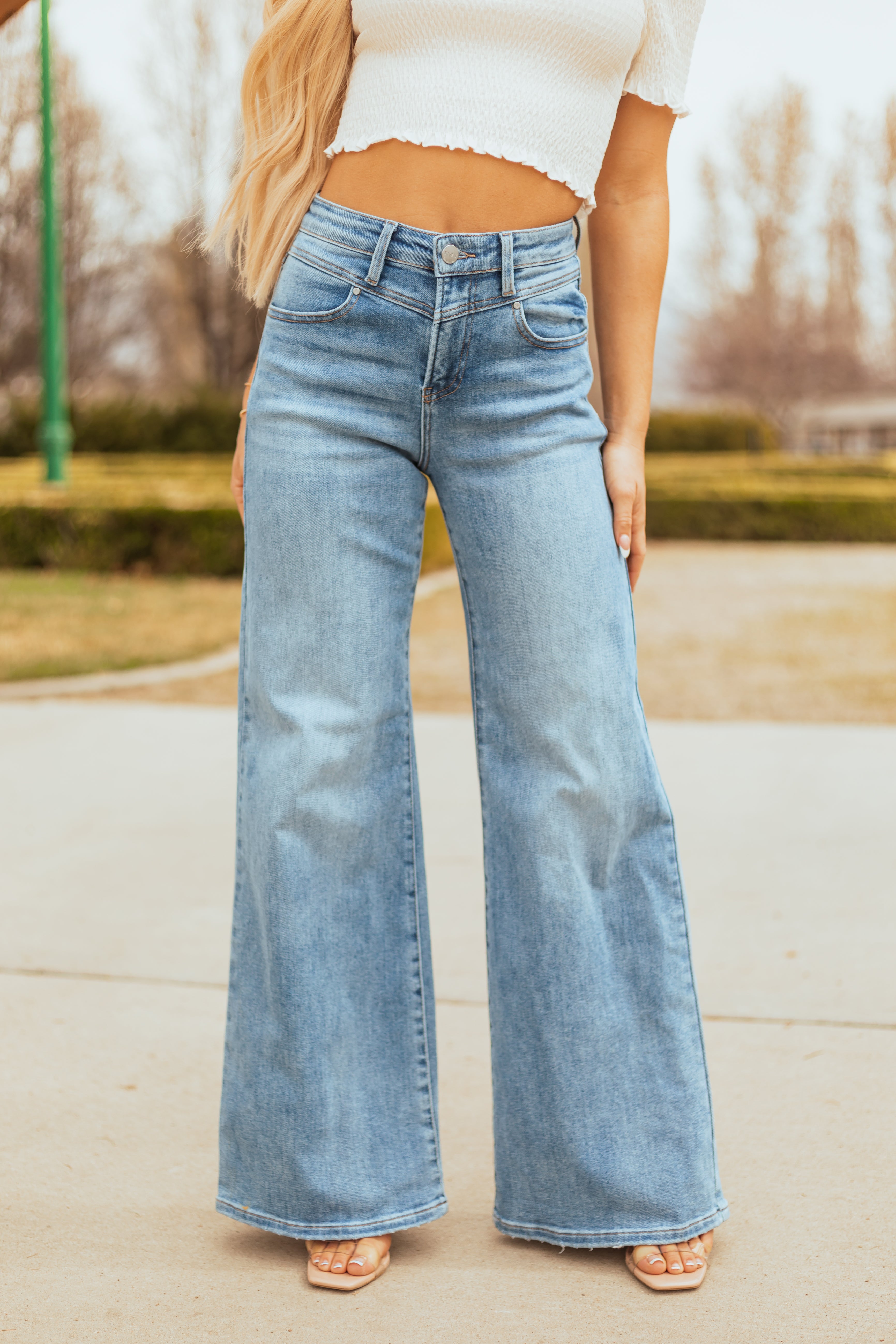 Risen Medium Wash Waist V Stitch Stretchy Wide Jeans