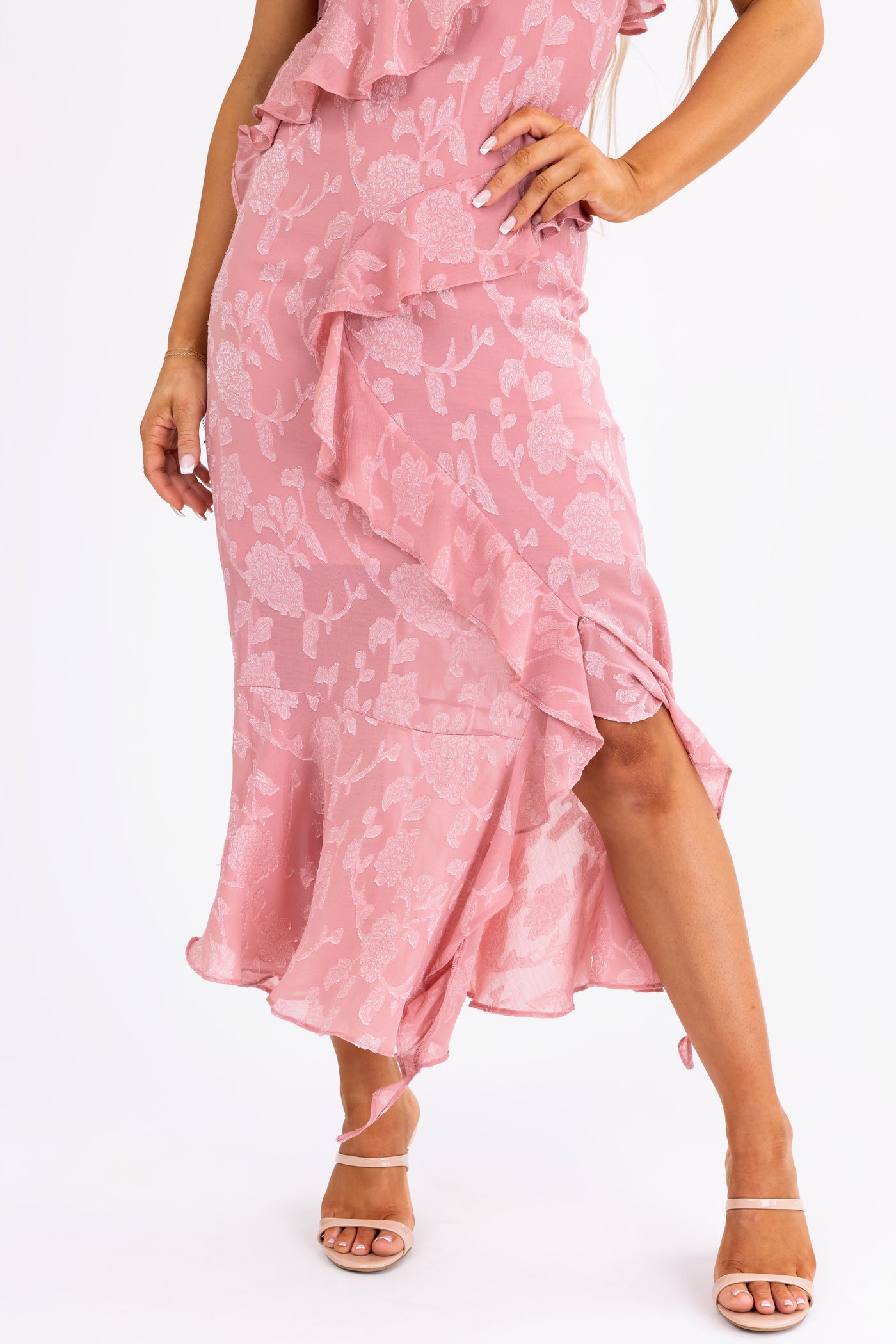 Rose Floral Jacquard Ruffle Sleeveless Midi Dress
