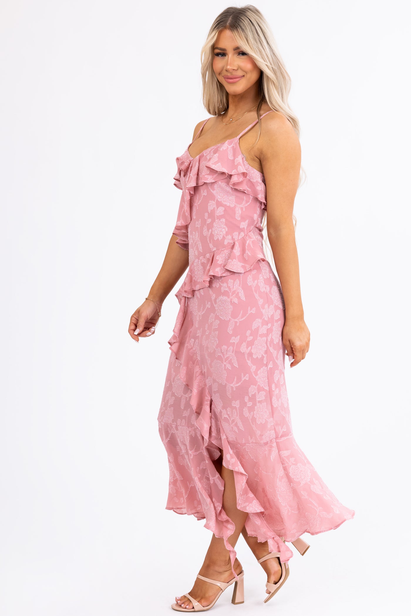 Rose Floral Jacquard Ruffle Sleeveless Midi Dress