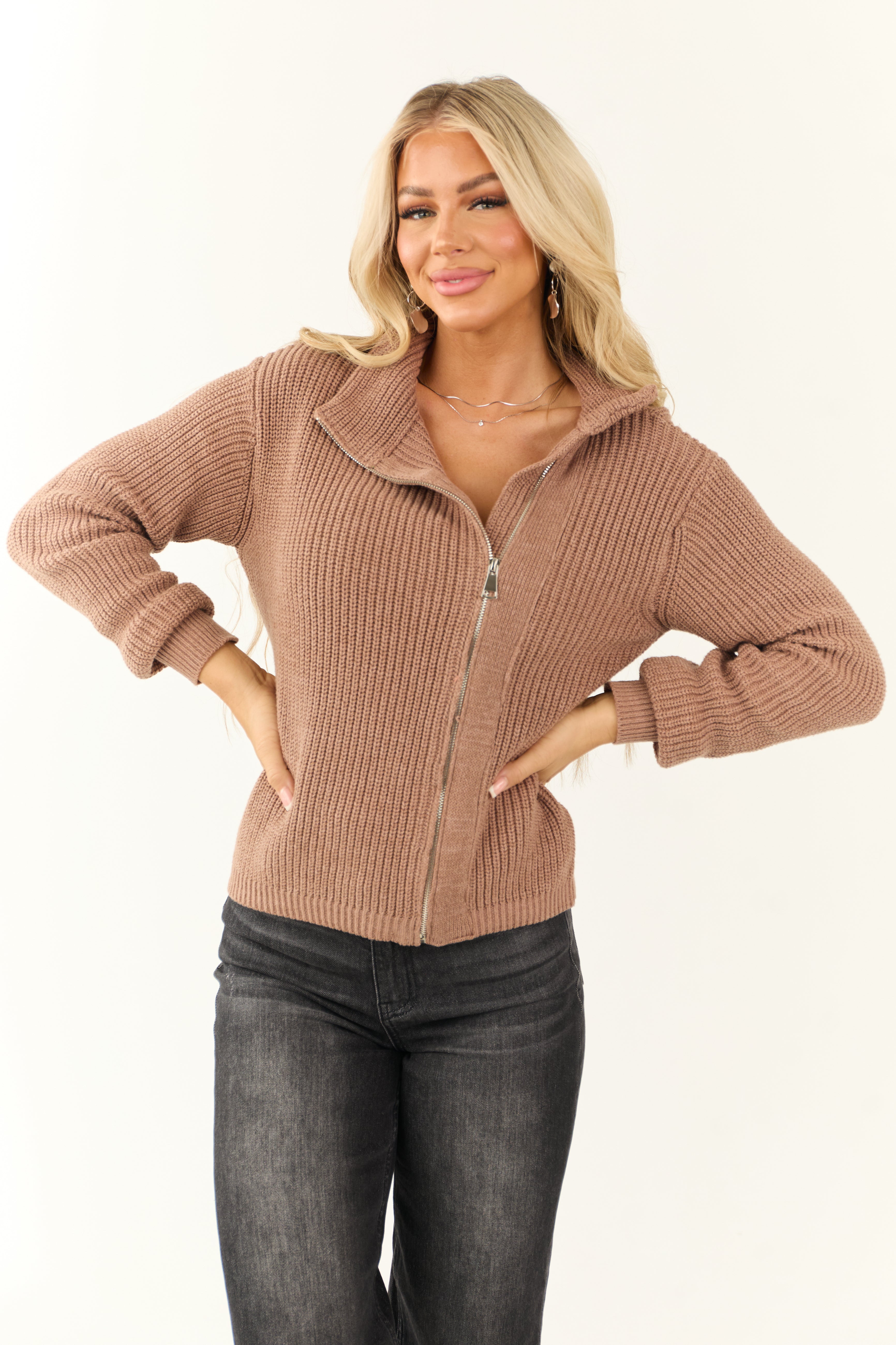 Rose Taupe Asymmetrical Collar Zip Up Jacket | Lime Lush Boutique