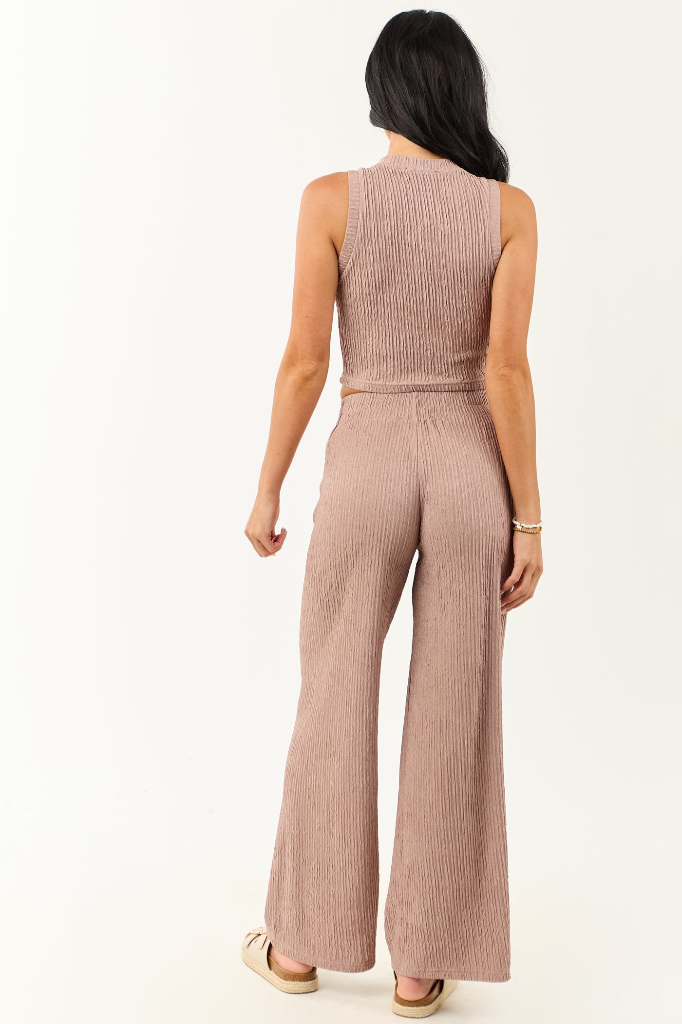 Rose Taupe Crinkled Sleeveless Crop Top and Pants Set
