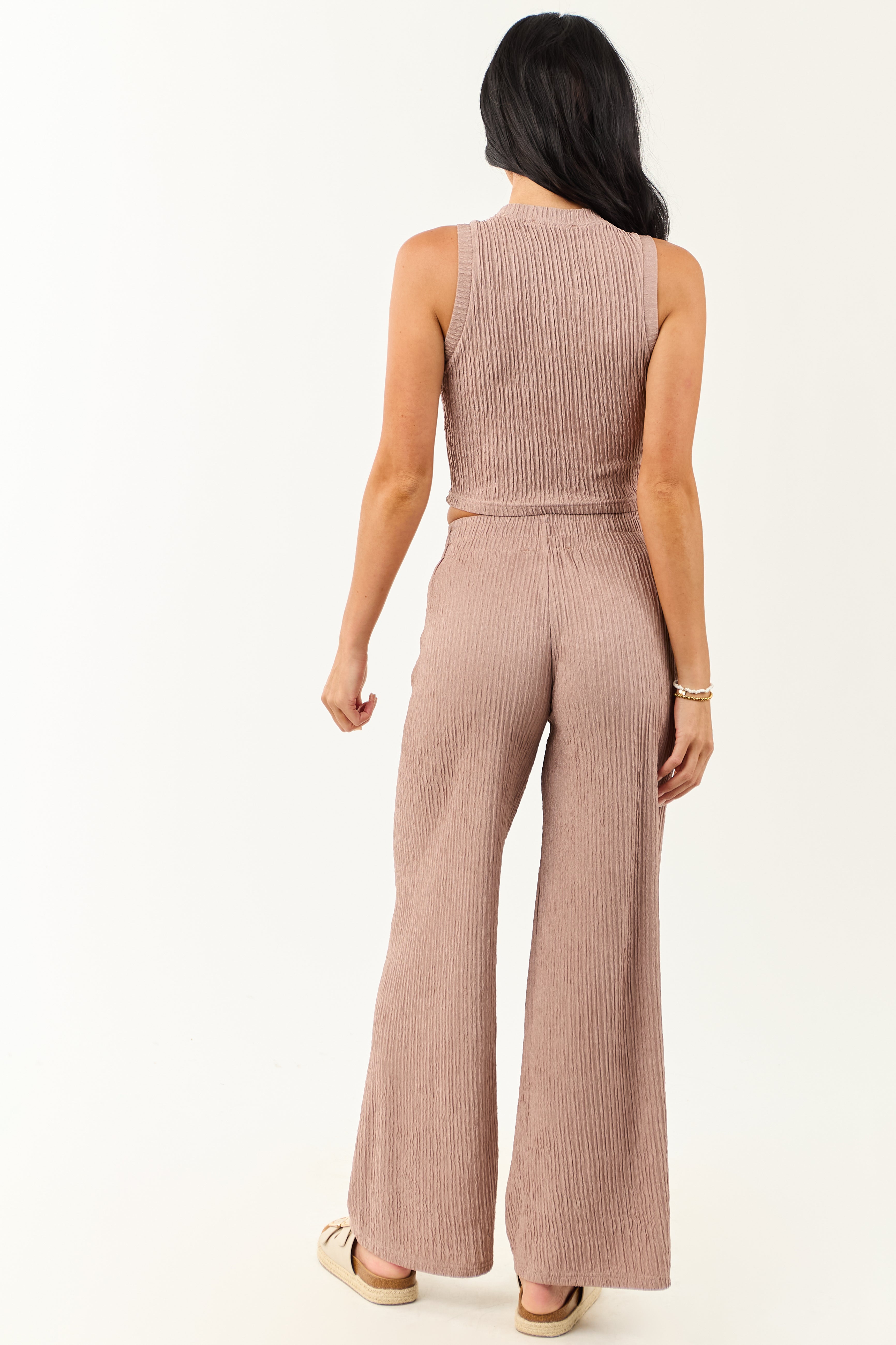 Rose Taupe Crinkled Sleeveless Crop Top and Pants Set