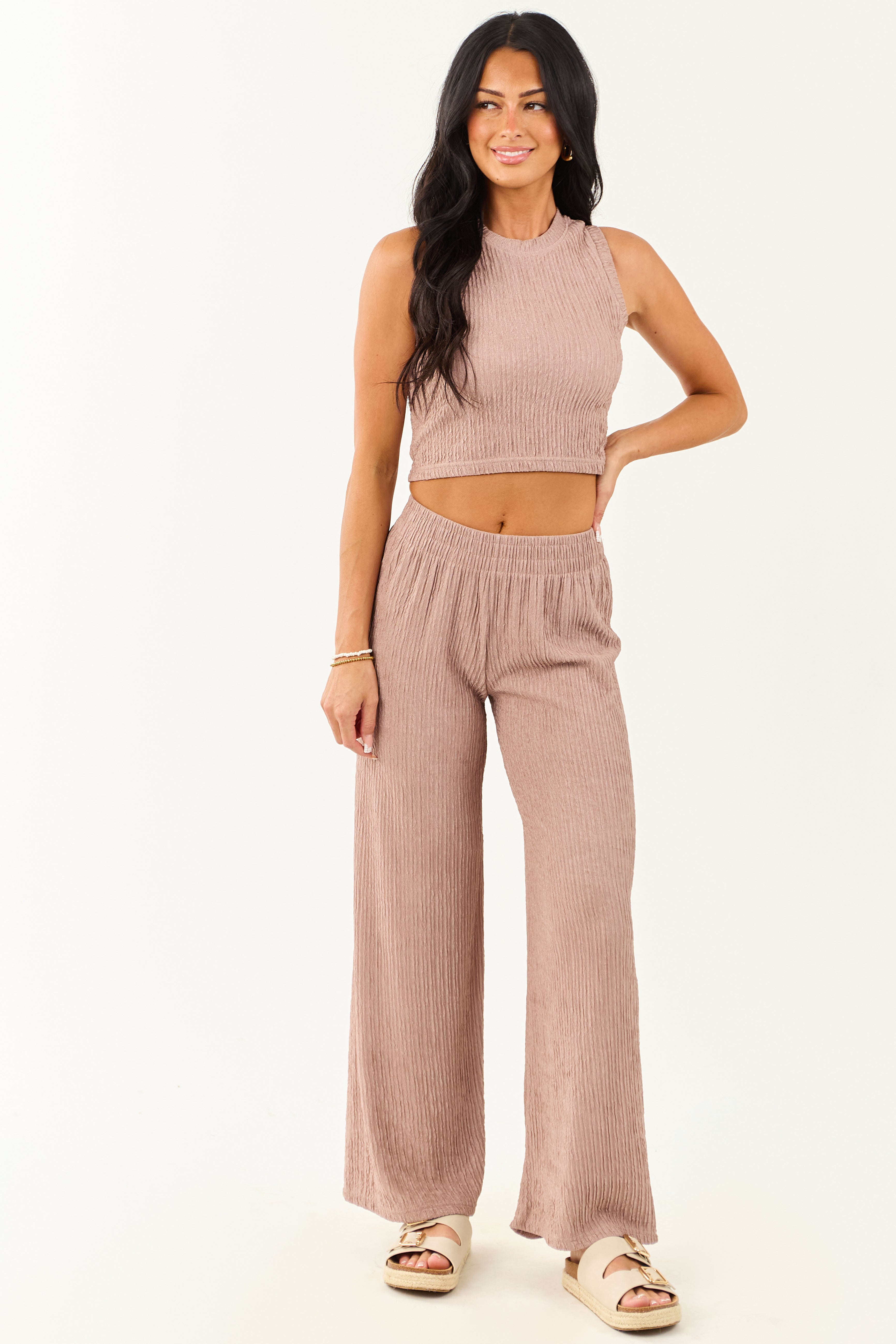 Rose Taupe Crinkled Sleeveless Crop Top and Pants Set