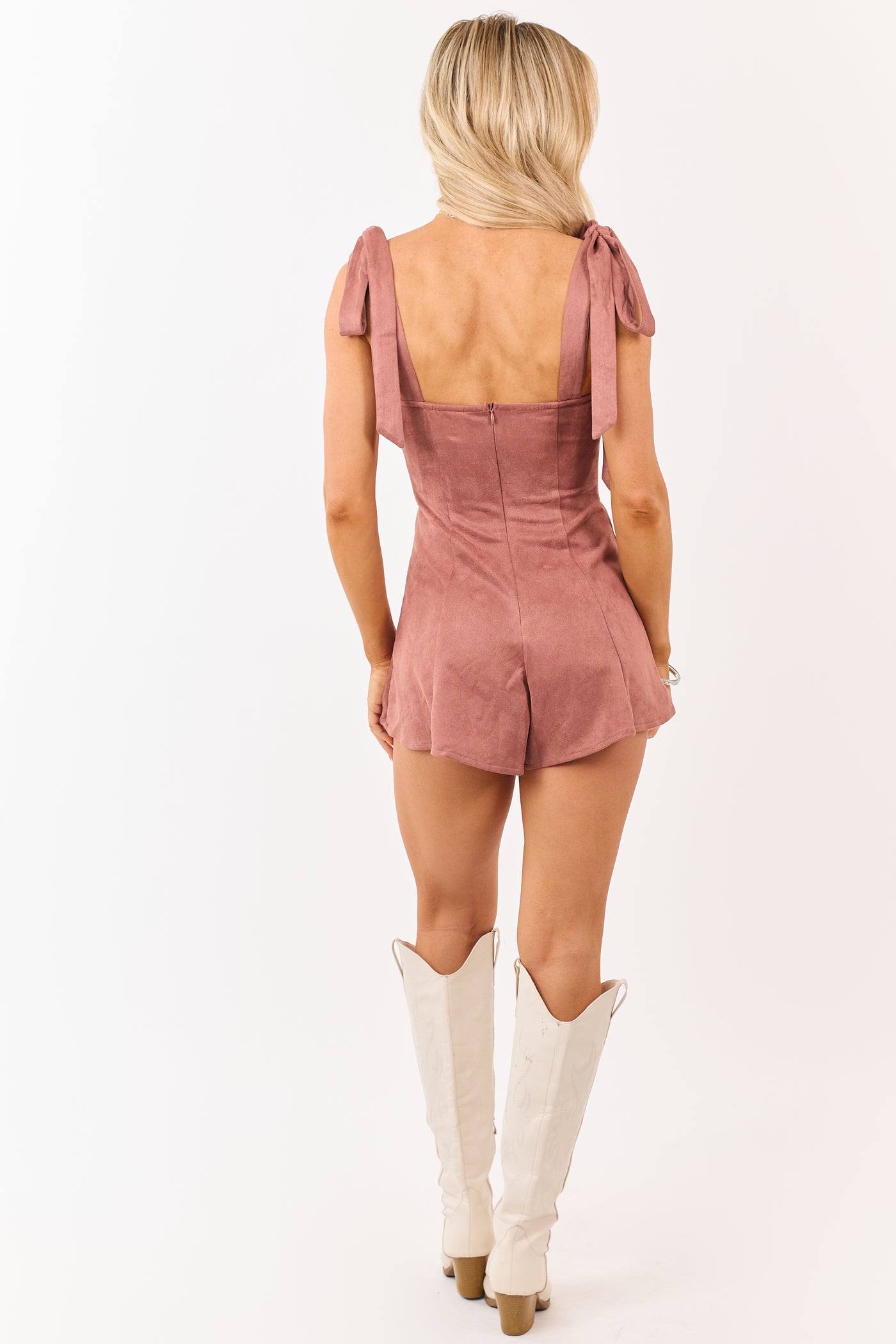 Rose Taupe Faux Suede Tie Strap Flare Shorts Romper