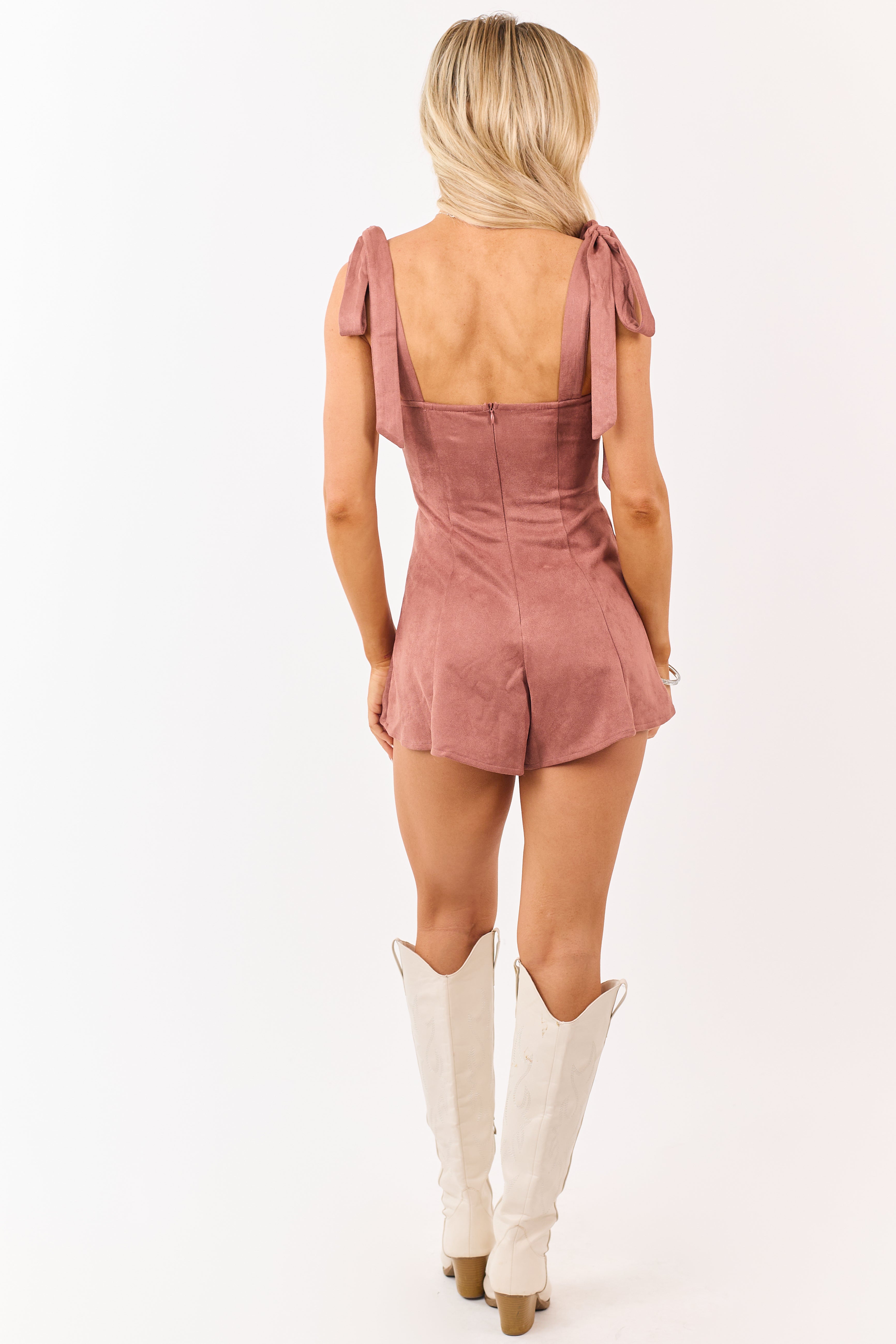 Rose Taupe Faux Suede Tie Strap Flare Shorts Romper