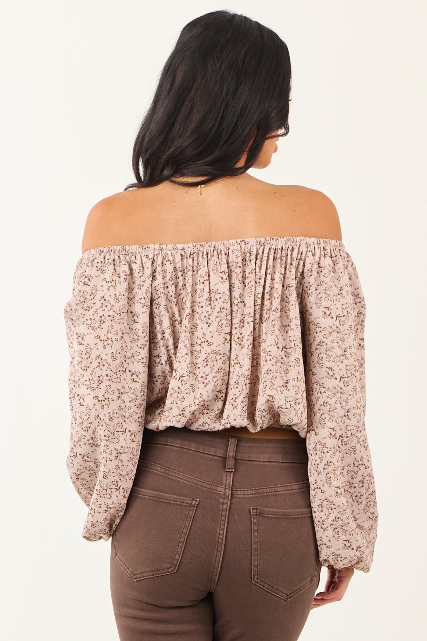 Rose Taupe Floral Print Off Shoulder Crop Top