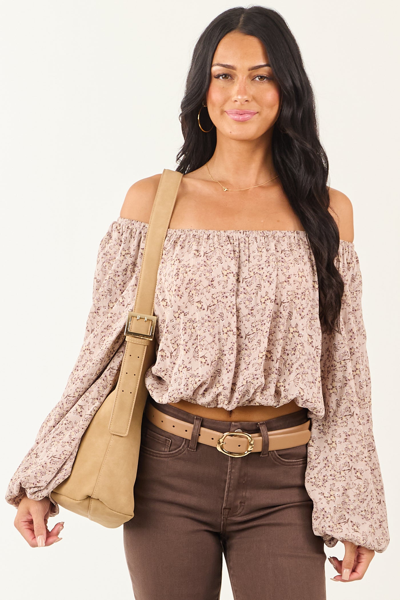 Rose Taupe Floral Print Off Shoulder Crop Top