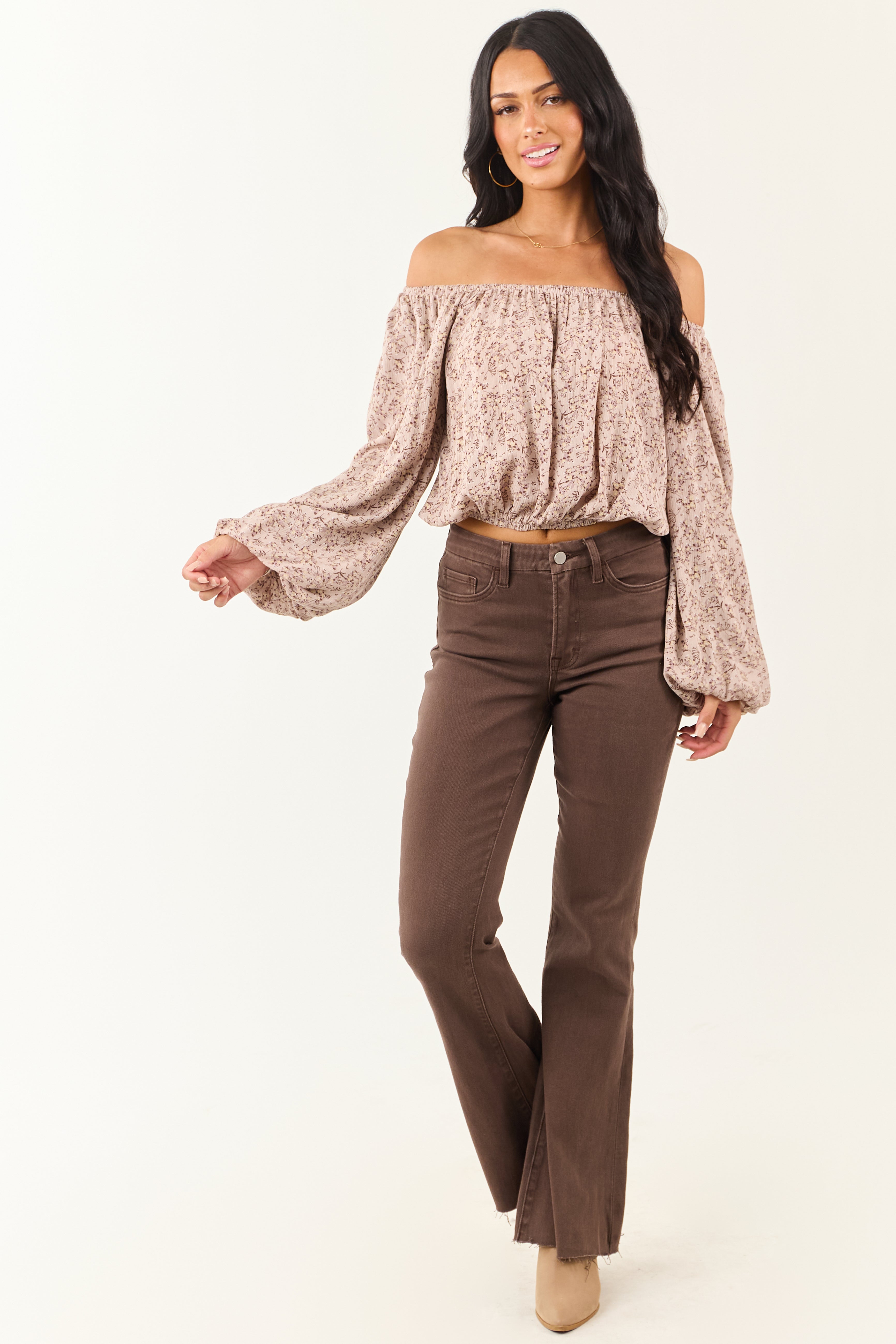 Rose Taupe Floral Print Off Shoulder Crop Top