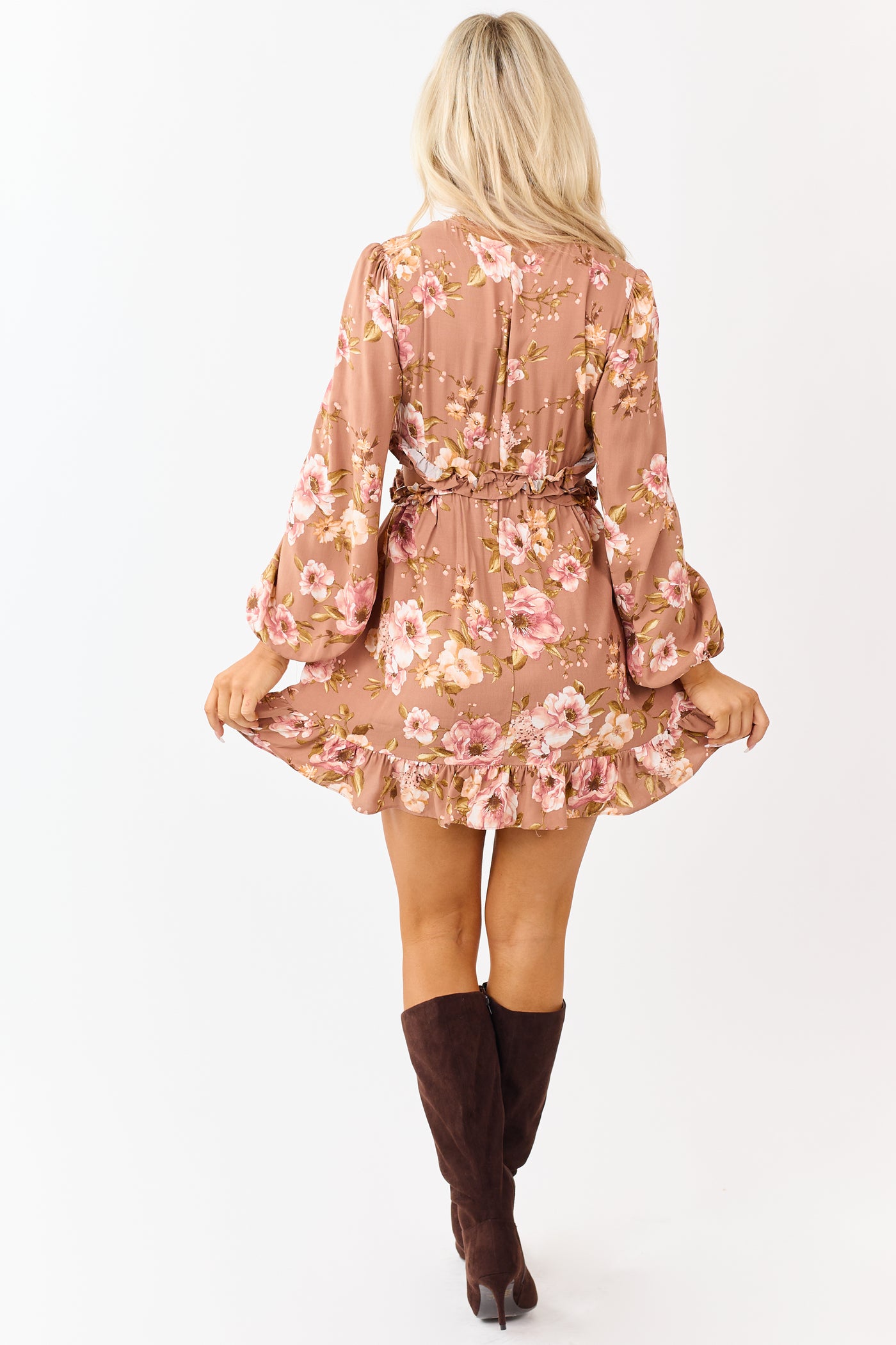 Rose Taupe Floral Print Side Cut Out Mini Dress