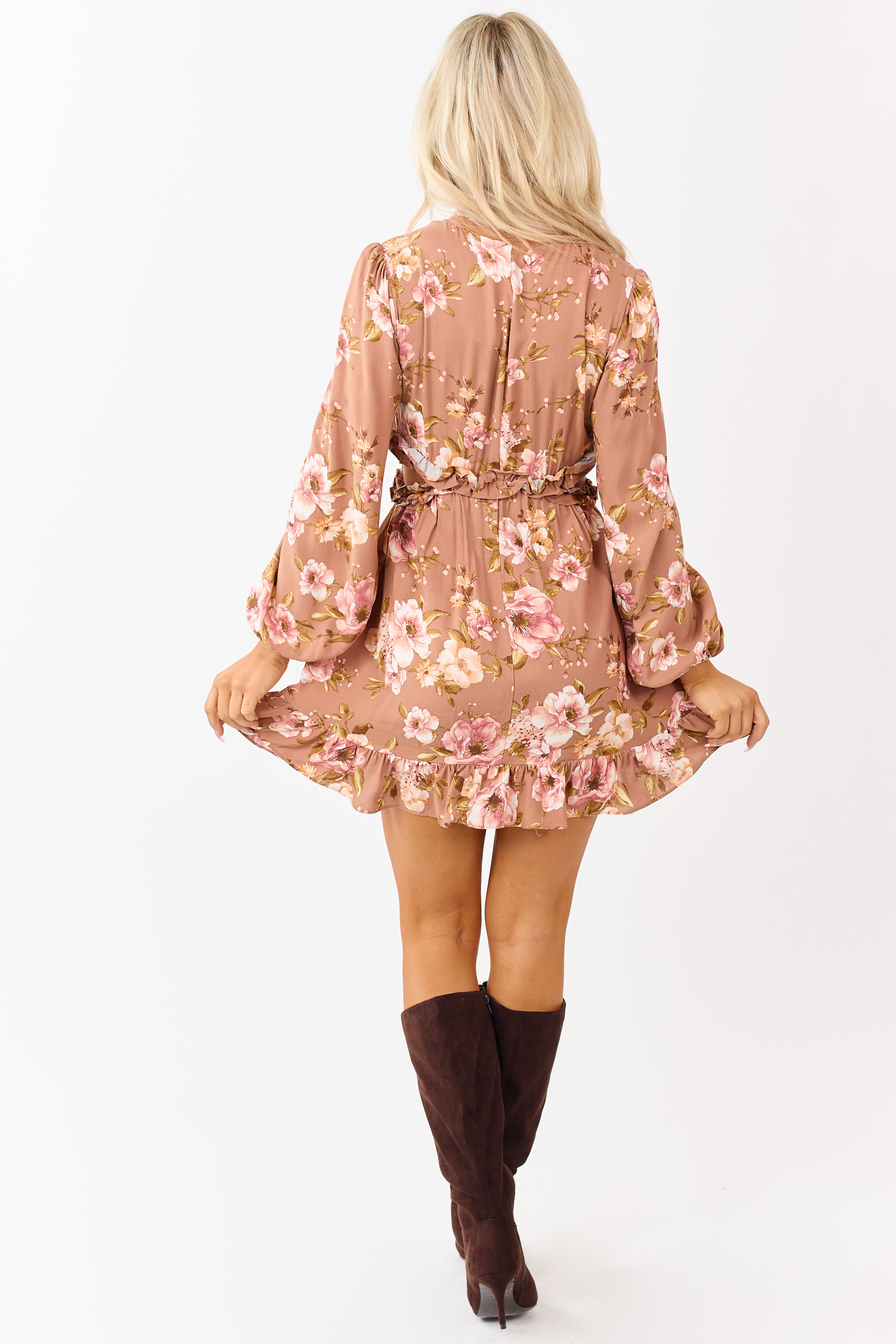 Rose Taupe Floral Print Side Cut Out Mini Dress