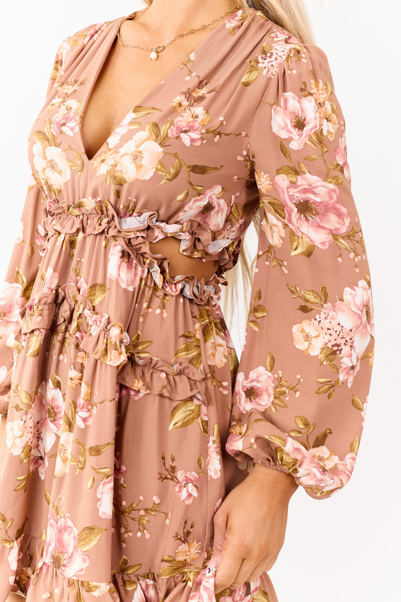 Rose Taupe Floral Print Side Cut Out Mini Dress
