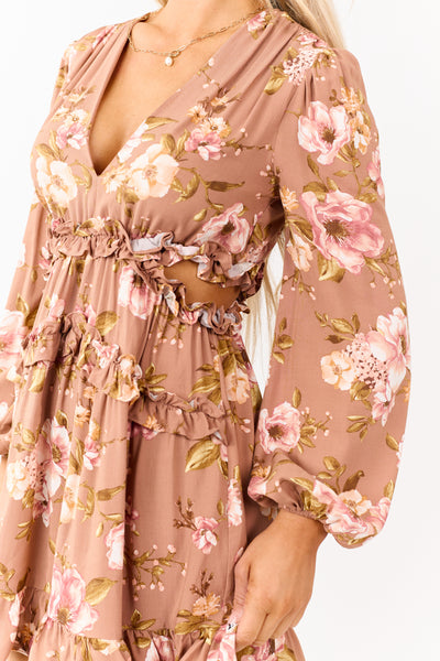 Rose Taupe Floral Print Side Cut Out Mini Dress
