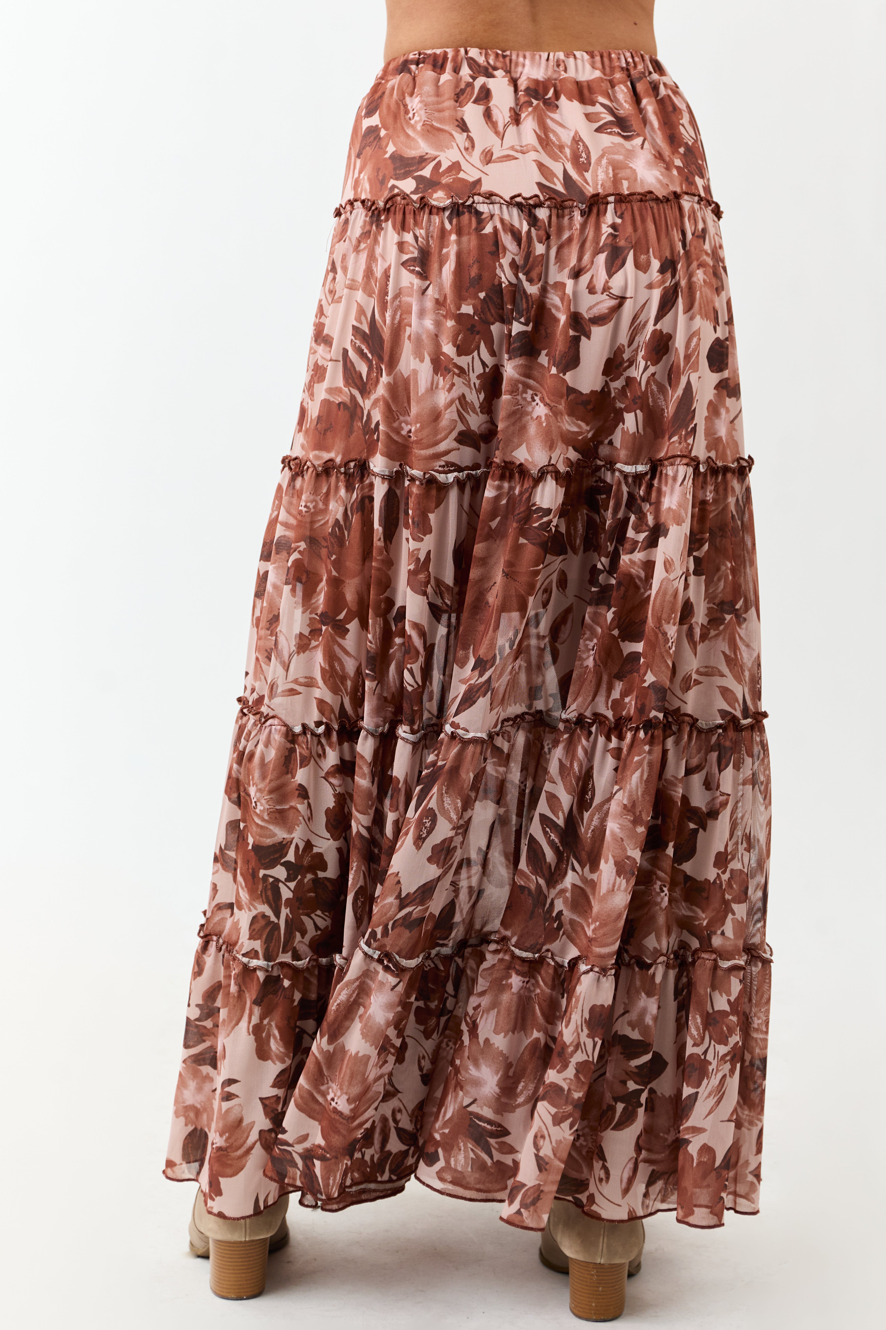 Rose Taupe Floral Soft Mesh Tiered Frill Maxi Skirt