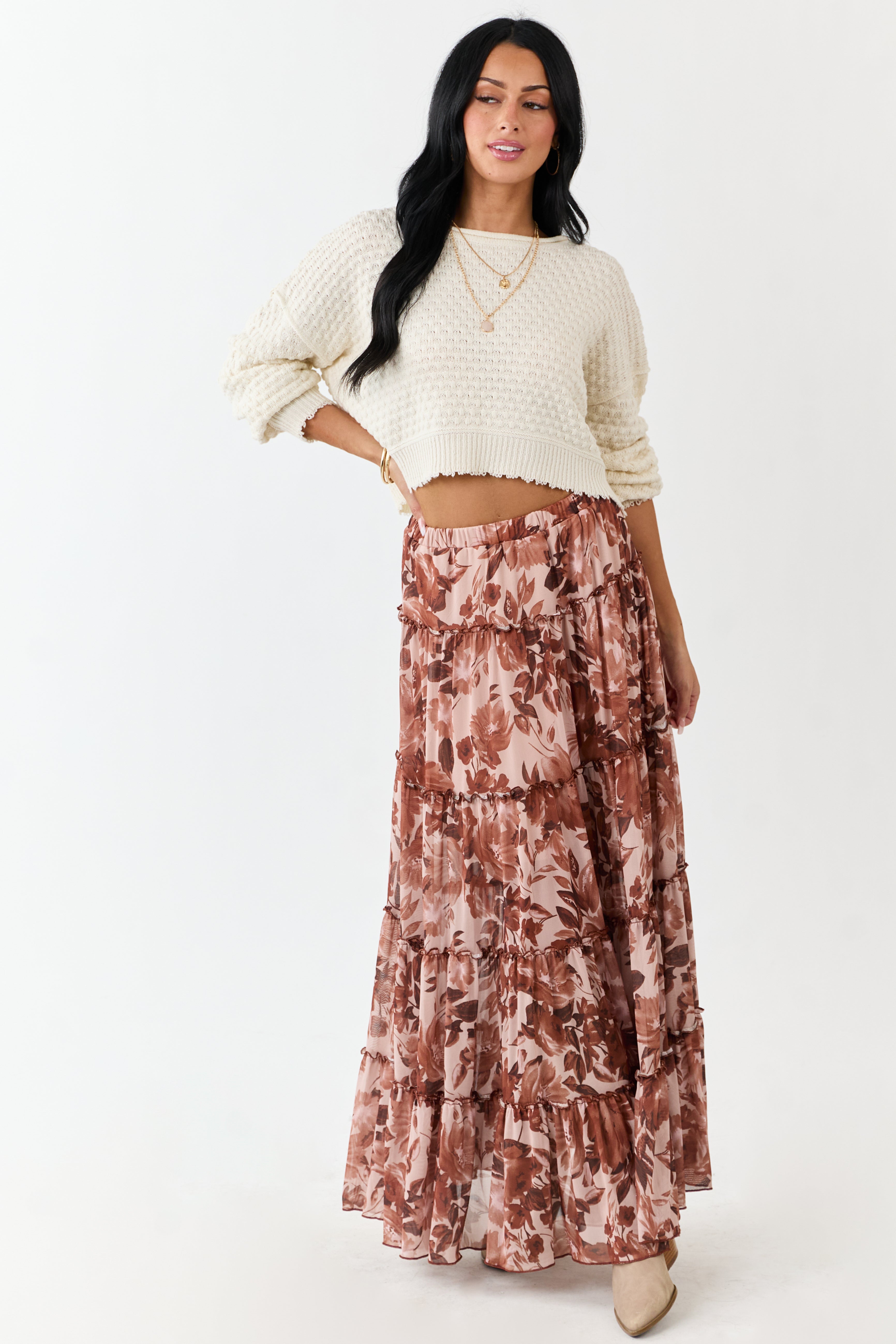 Rose Taupe Floral Soft Mesh Tiered Frill Maxi Skirt