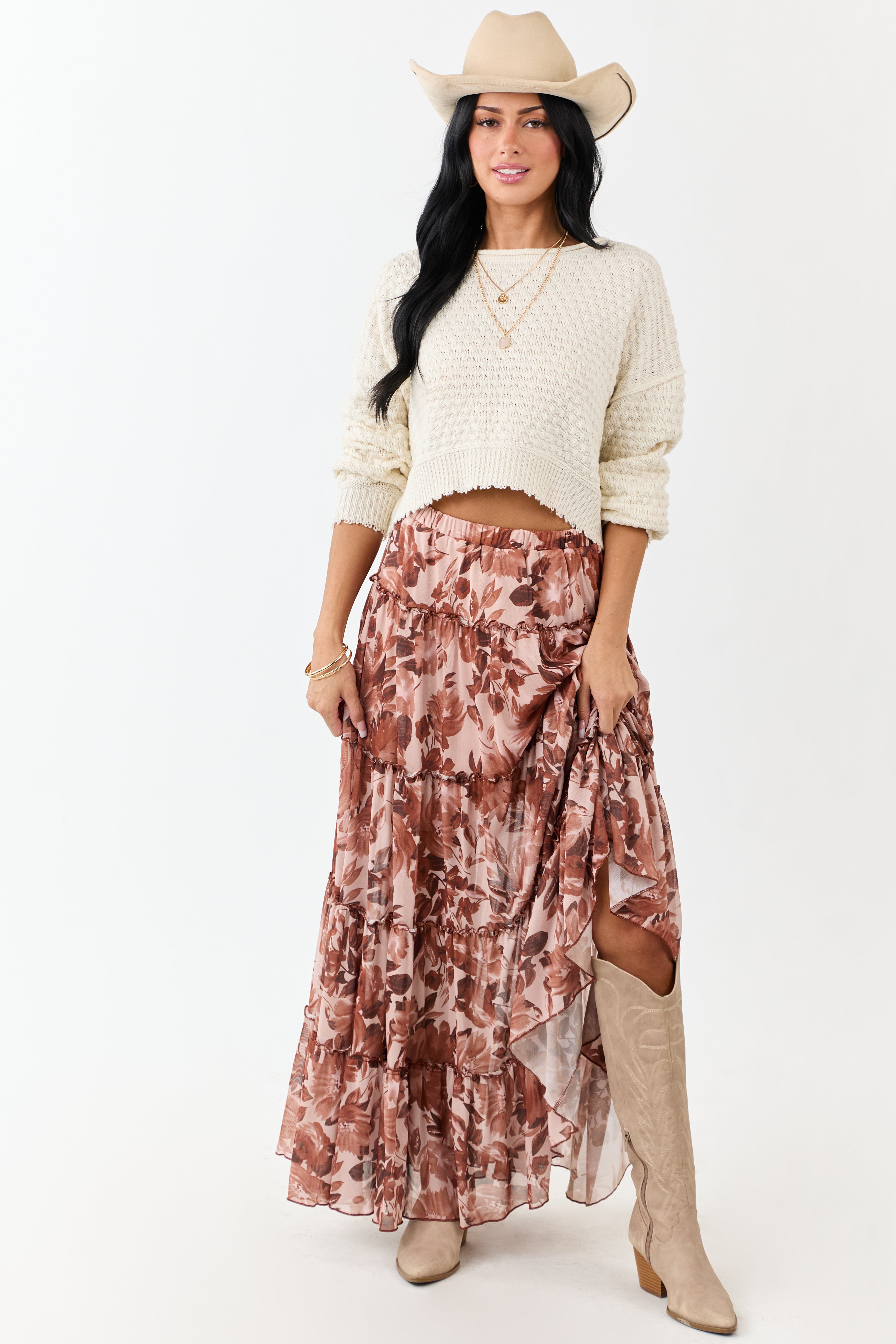 Rose Taupe Floral Soft Mesh Tiered Frill Maxi Skirt
