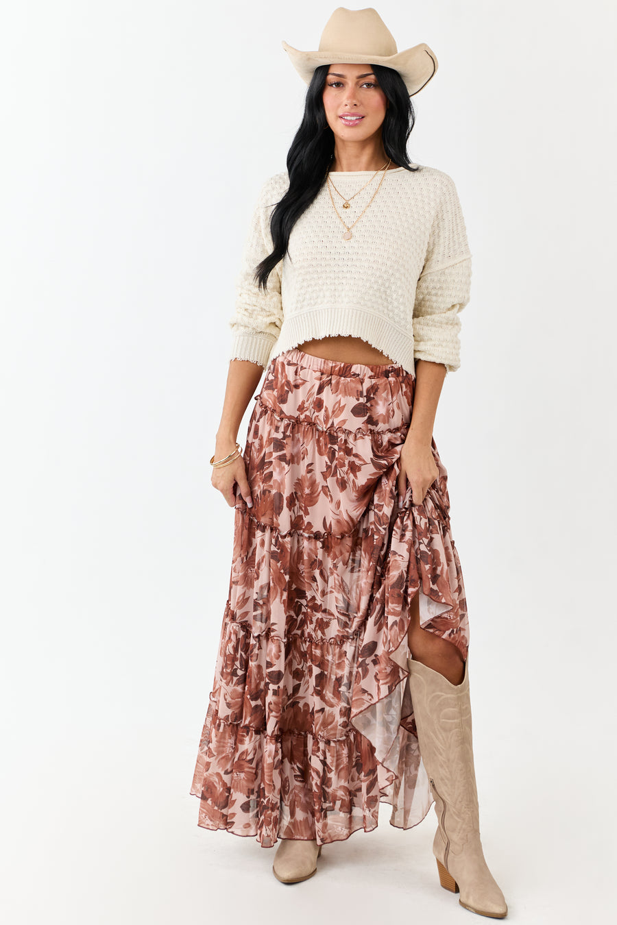 Rose Taupe Floral Soft Mesh Tiered Frill Maxi Skirt