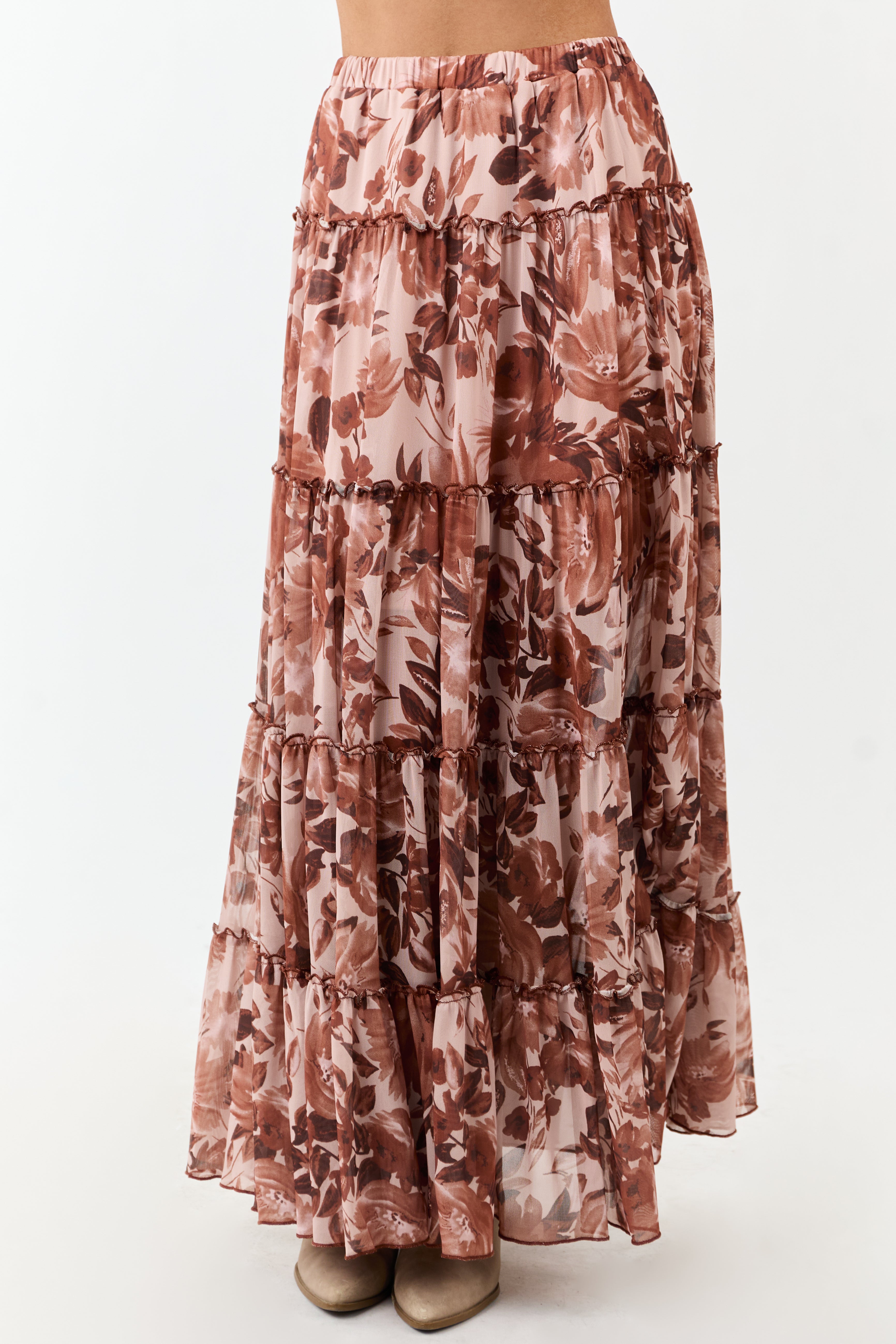 Rose Taupe Floral Soft Mesh Tiered Frill Maxi Skirt