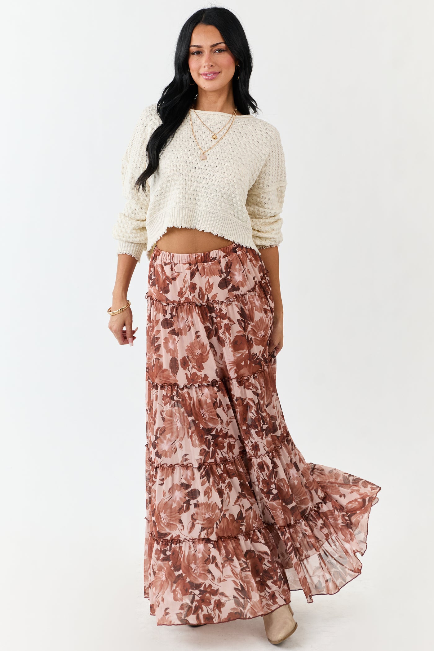 Rose Taupe Floral Soft Mesh Tiered Frill Maxi Skirt