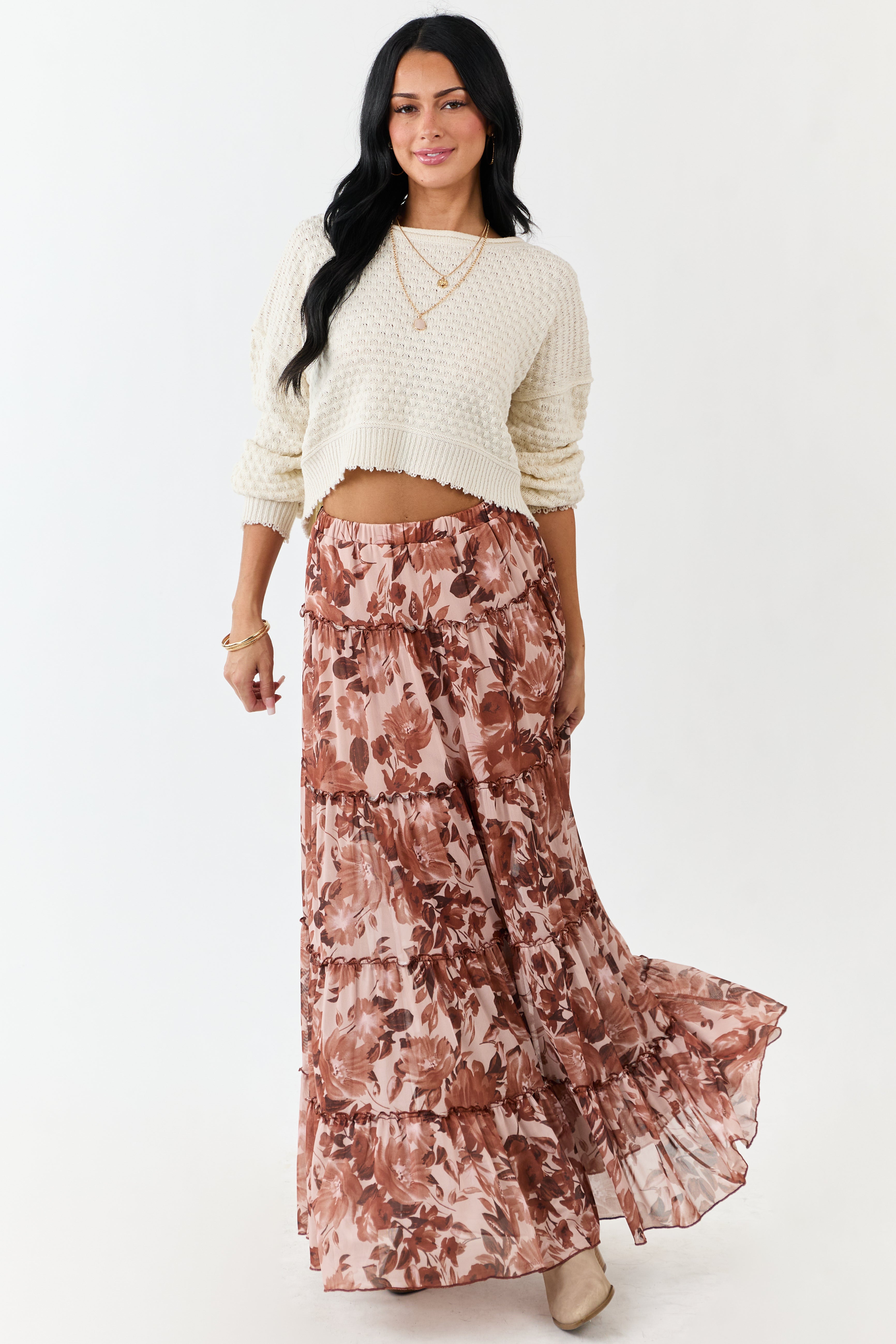Rose Taupe Floral Soft Mesh Tiered Frill Maxi Skirt