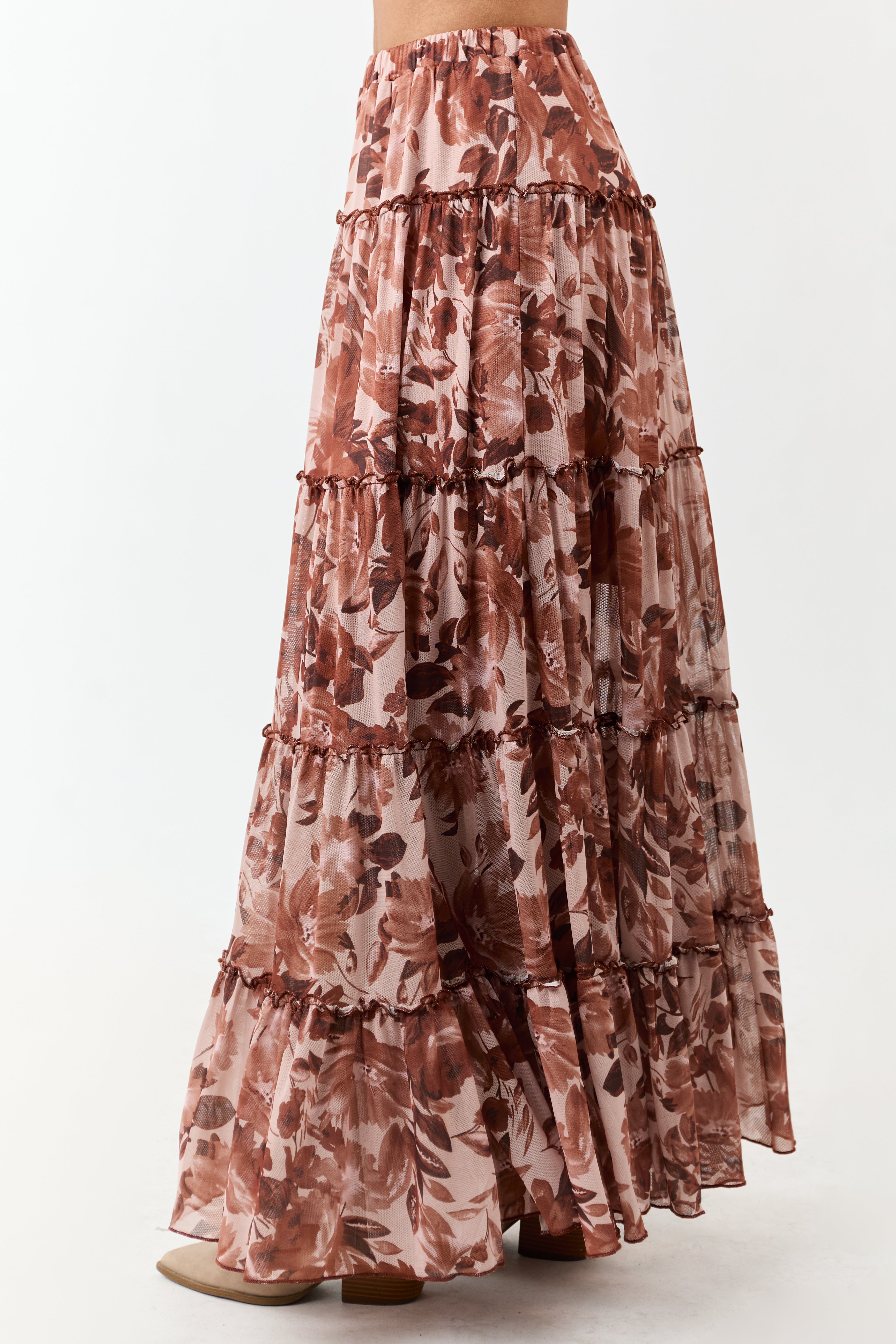 Rose Taupe Floral Soft Mesh Tiered Frill Maxi Skirt