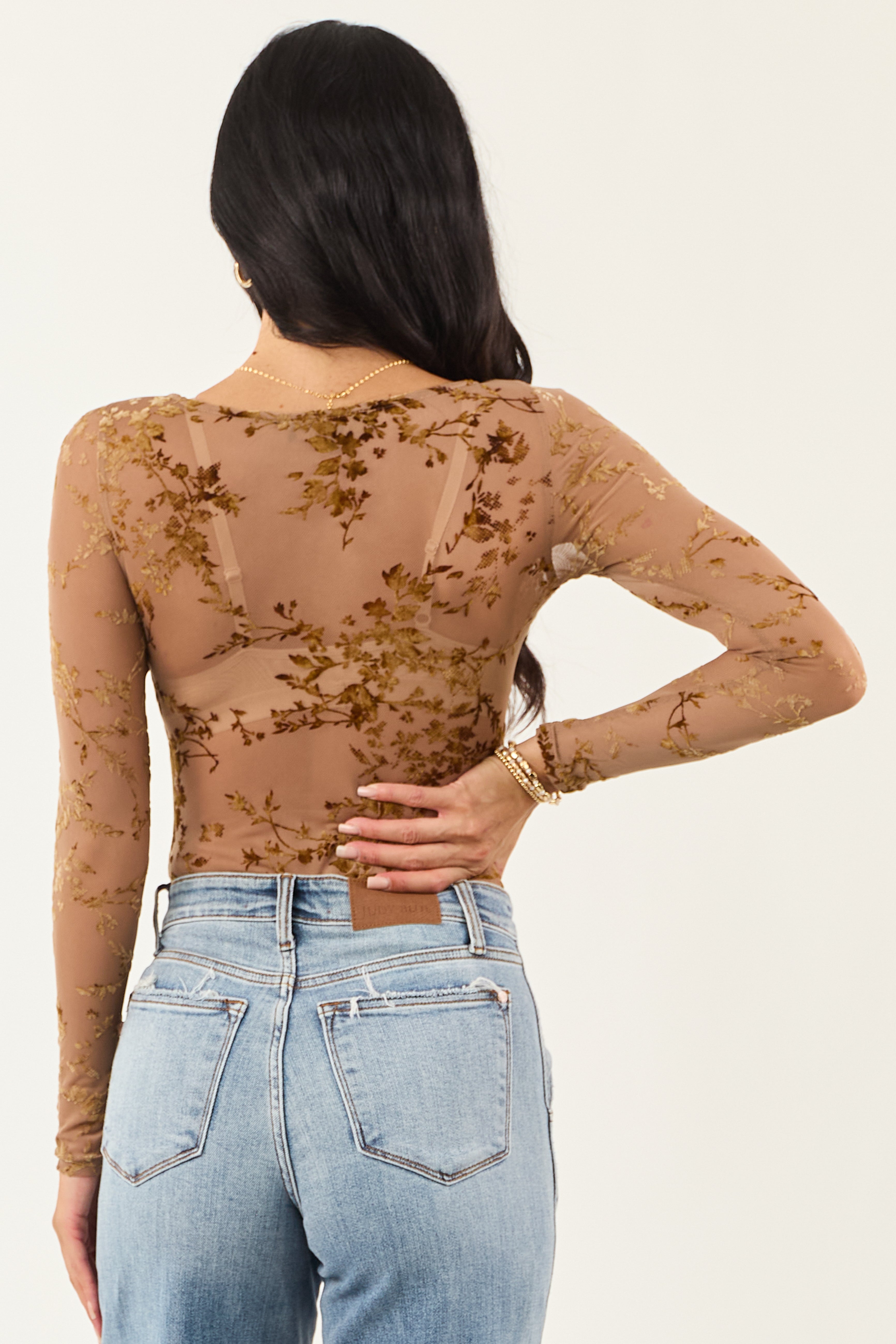 Rose Taupe Floral Velvet Burnout Mesh Bodysuit
