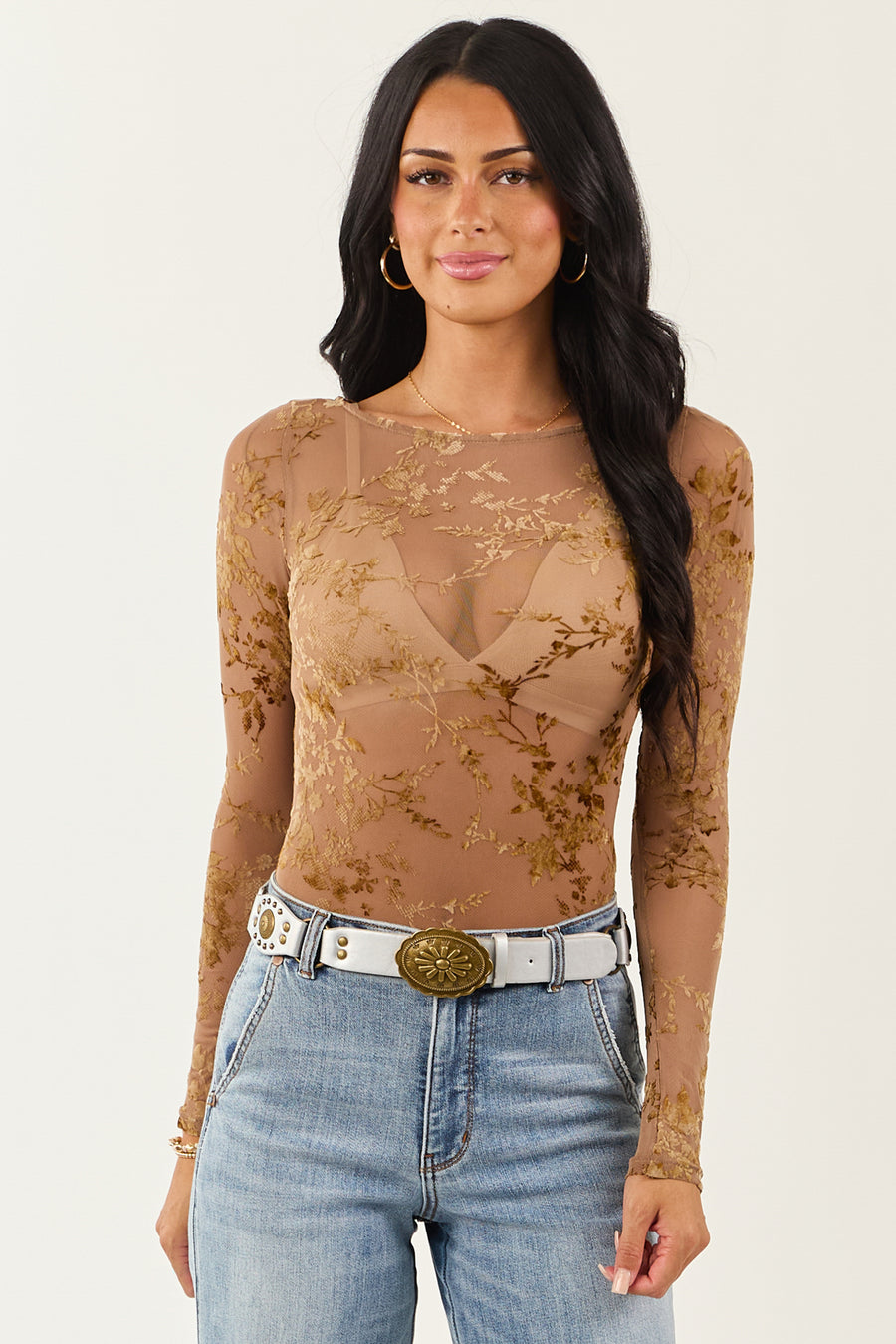 Rose Taupe Floral Velvet Burnout Mesh Bodysuit